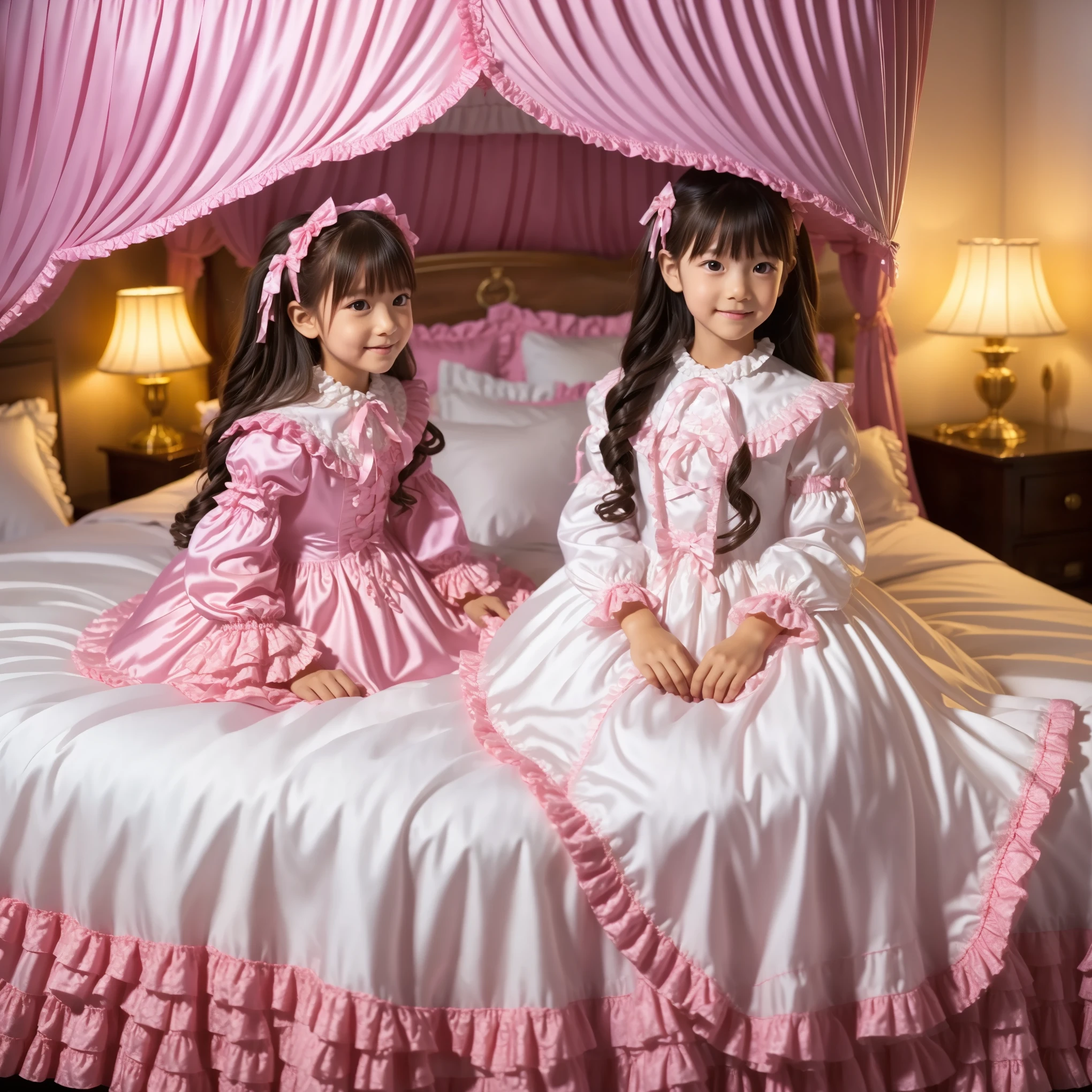 ,((,Full Body,Distant view:1.2)),High Quality,Super Detailed,3k photos,get used to it,girl in a pink nightgown,Sit on the edge of the bed,,long sleeve,Long Skirt,10 years old,Japanese,Smile Yan,anatomically correct hand,looking at the camera,gorgeous and adorable pink canopy bed,King Bed,Lots of ruffle pillows,