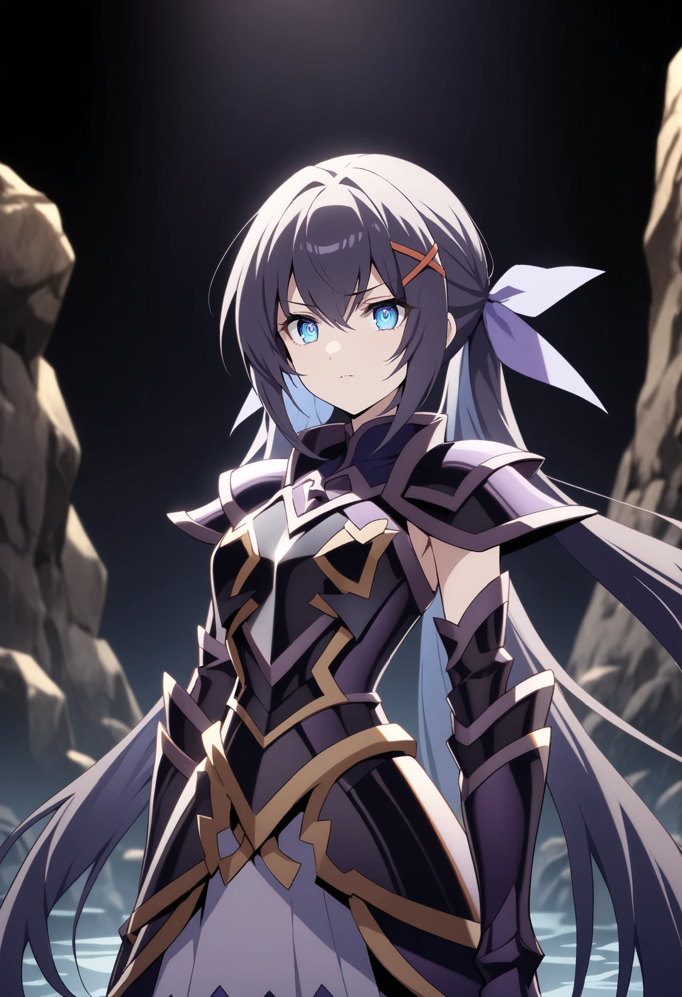 (high-quality, breathtaking),(expressive eyes, perfect face) Symmetrical Eyes, 1girl, female, solo, looking at viewer, black background, soft eerie blue lighting background, rock terrain background, Dark Purple Armor, trim, full plate armor, half body shot, solo, black armor, Specter, Dark Knights, strelitzia (kingdom hearts), x hair ornament, low twintails, hair ribbon, dark sapphire blue eyes