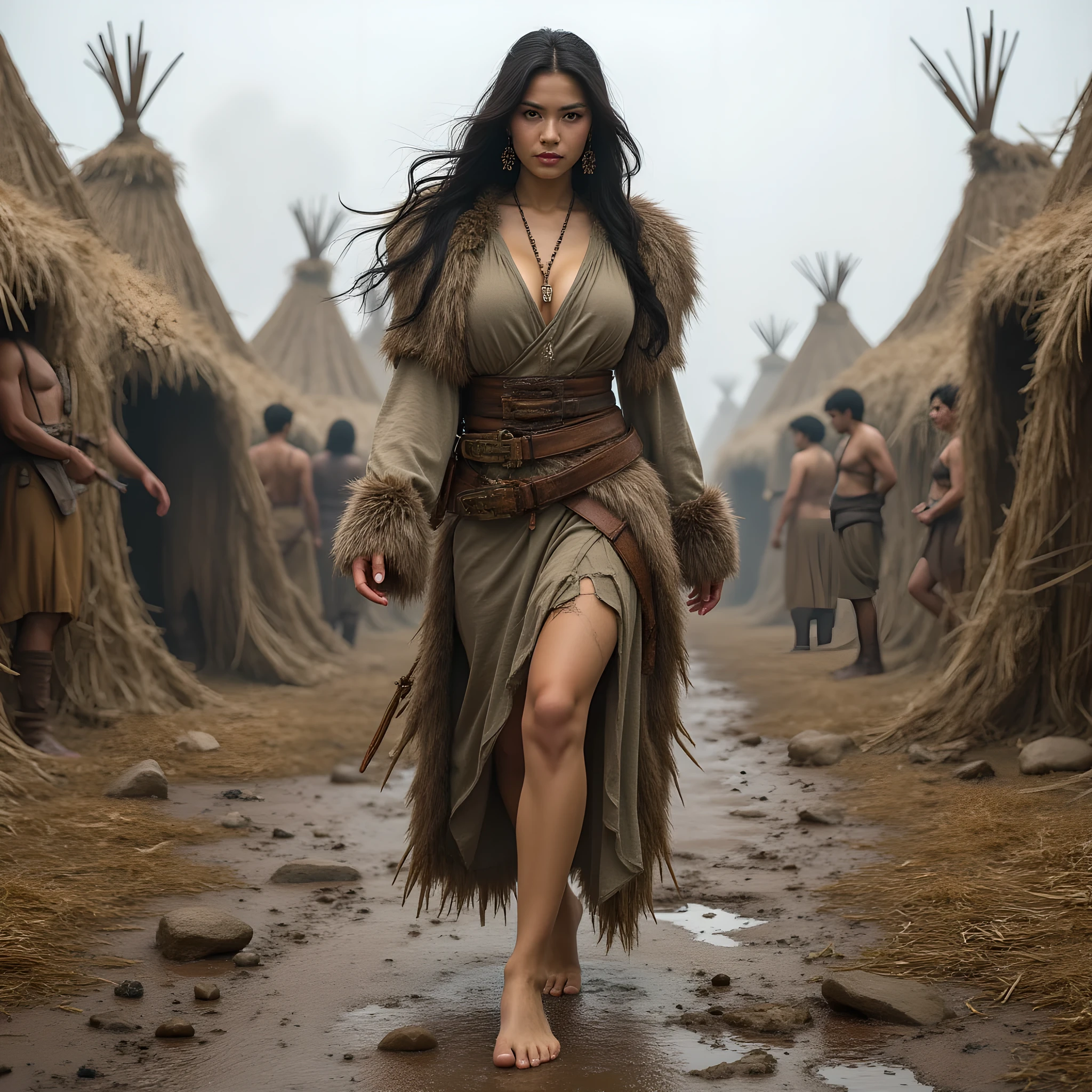 Ancient prehistoric age era, 
Stone age era, 

((Realistic cinematography ultra wide depth intense stunning orderly hut tents angle of scenery)),muddy,the detailed of a female hunter walking,bare feet,,(within densely ultra intricately straw tents),(nomads community),((a nomads tribe)),wearing full coverage long fur primitively fabric long tunic and straws primitive wardrobe gown dress,,wondering,(perfectly depth symmetrically curvy and busty body shapely),(cinematic dynamically camera wide angle scenery:accurately depicted:1.3),the lively prehistoric hut tents depicting scenery,night,realistically full depth,(cinematography dynamic angle|hyperrealistic:realistic scenery:3d texture over the scenery),cloudy winter season,best videography angle,hdr,blue hour, (cinematography vibe),primitive wardrobe,(dynamic image composition),(octane 3d rendering|50mm lens shot:1.3),(lifelike skin texture:lifelike hairs:realism),(best rule of third photography composition),(best image aperture),(full details depth of field),(best shutter speed),(RAW photo image),(photorealistic|photorealism:hyperrealism style),(realistic depth 3d:cgi:1.3),(trending on cgsociety:devianart:unreal engine 5),,(best photography:national Geographic style), solarPunkAi and greenPunkAi artwork, digital art,best lighting concept,(realistic intricately fixed truly fully human's anatomy body+hands+and+fingers anatomical),natural motion,inspired by farcry5 game artwork.