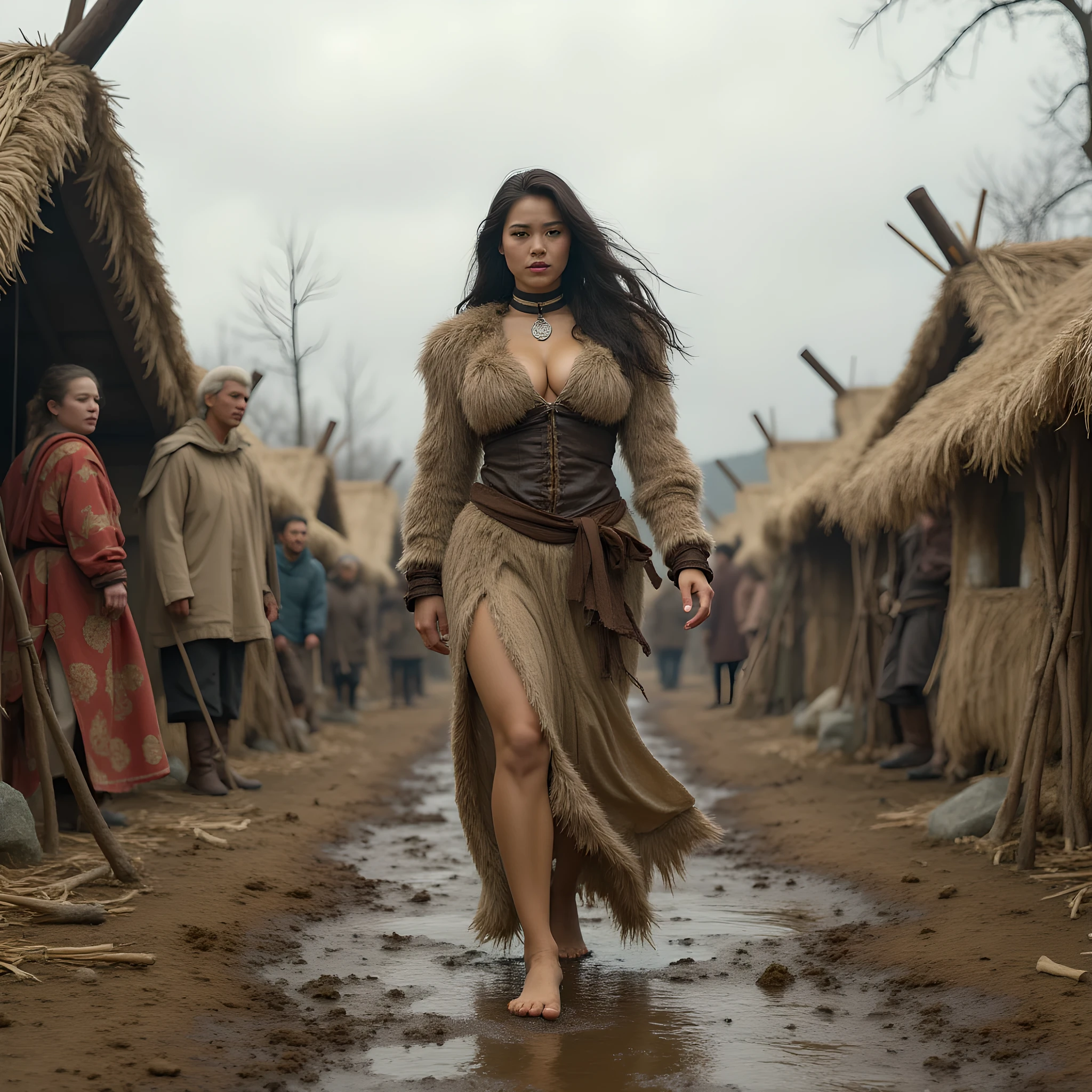 Ancient prehistoric age era, 
Stone age era, 

((Realistic cinematography ultra wide depth intense stunning orderly hut tents angle of scenery)),muddy,the detailed of a female hunter walking,bare feet,,(within densely ultra intricately straw tents),(nomads community),((a nomads tribe)),wearing full coverage long fur primitively fabric long tunic and straws primitive wardrobe gown dress,,wondering,(perfectly depth symmetrically curvy and busty body shapely),(cinematic dynamically camera wide angle scenery:accurately depicted:1.3),the lively prehistoric hut tents depicting scenery,night,realistically full depth,(cinematography dynamic angle|hyperrealistic:realistic scenery:3d texture over the scenery),cloudy winter season,best videography angle,hdr,blue hour, (cinematography vibe),primitive wardrobe,(dynamic image composition),(octane 3d rendering|50mm lens shot:1.3),(lifelike skin texture:lifelike hairs:realism),(best rule of third photography composition),(best image aperture),(full details depth of field),(best shutter speed),(RAW photo image),(photorealistic|photorealism:hyperrealism style),(realistic depth 3d:cgi:1.3),(trending on cgsociety:devianart:unreal engine 5),,(best photography:national Geographic style), solarPunkAi and greenPunkAi artwork, digital art,best lighting concept,(realistic intricately fixed truly fully human's anatomy body+hands+and+fingers anatomical),natural motion,inspired by farcry5 game artwork.