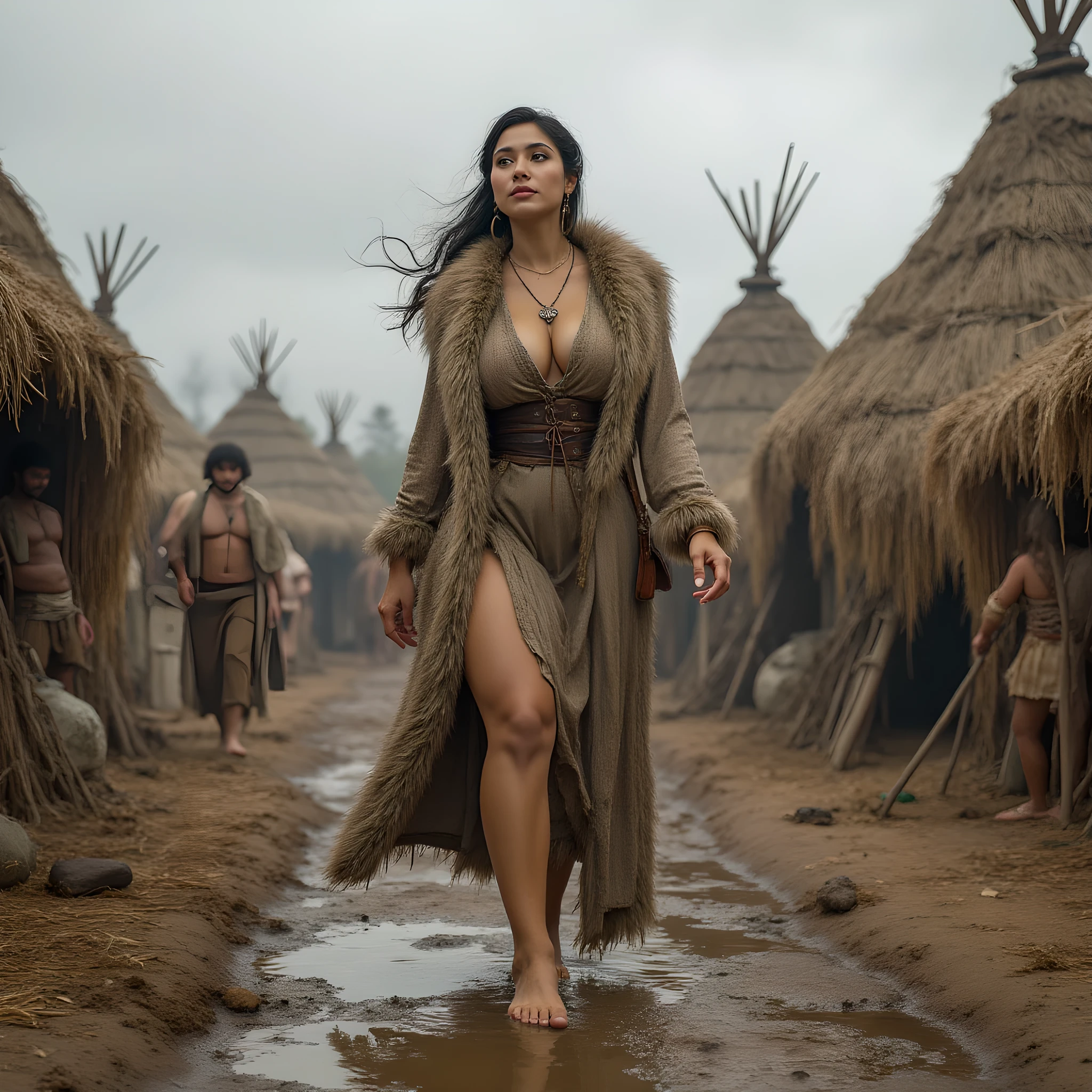 Ancient prehistoric age era, 
Stone age era, 

((Realistic cinematography ultra wide depth intense stunning orderly hut tents angle of scenery)),muddy,the detailed of a female hunter walking,bare feet,,(within densely ultra intricately straw tents),(nomads community),((a nomads tribe)),wearing full coverage long fur primitively fabric long tunic and straws primitive wardrobe gown dress,,wondering,(perfectly depth symmetrically curvy and busty body shapely),(cinematic dynamically camera wide angle scenery:accurately depicted:1.3),the lively prehistoric hut tents depicting scenery,night,realistically full depth,(cinematography dynamic angle|hyperrealistic:realistic scenery:3d texture over the scenery),cloudy winter season,best videography angle,hdr,blue hour, (cinematography vibe),primitive wardrobe,(dynamic image composition),(octane 3d rendering|50mm lens shot:1.3),(lifelike skin texture:lifelike hairs:realism),(best rule of third photography composition),(best image aperture),(full details depth of field),(best shutter speed),(RAW photo image),(photorealistic|photorealism:hyperrealism style),(realistic depth 3d:cgi:1.3),(trending on cgsociety:devianart:unreal engine 5),,(best photography:national Geographic style), solarPunkAi and greenPunkAi artwork, digital art,best lighting concept,(realistic intricately fixed truly fully human's anatomy body+hands+and+fingers anatomical),natural motion,inspired by farcry5 game artwork.