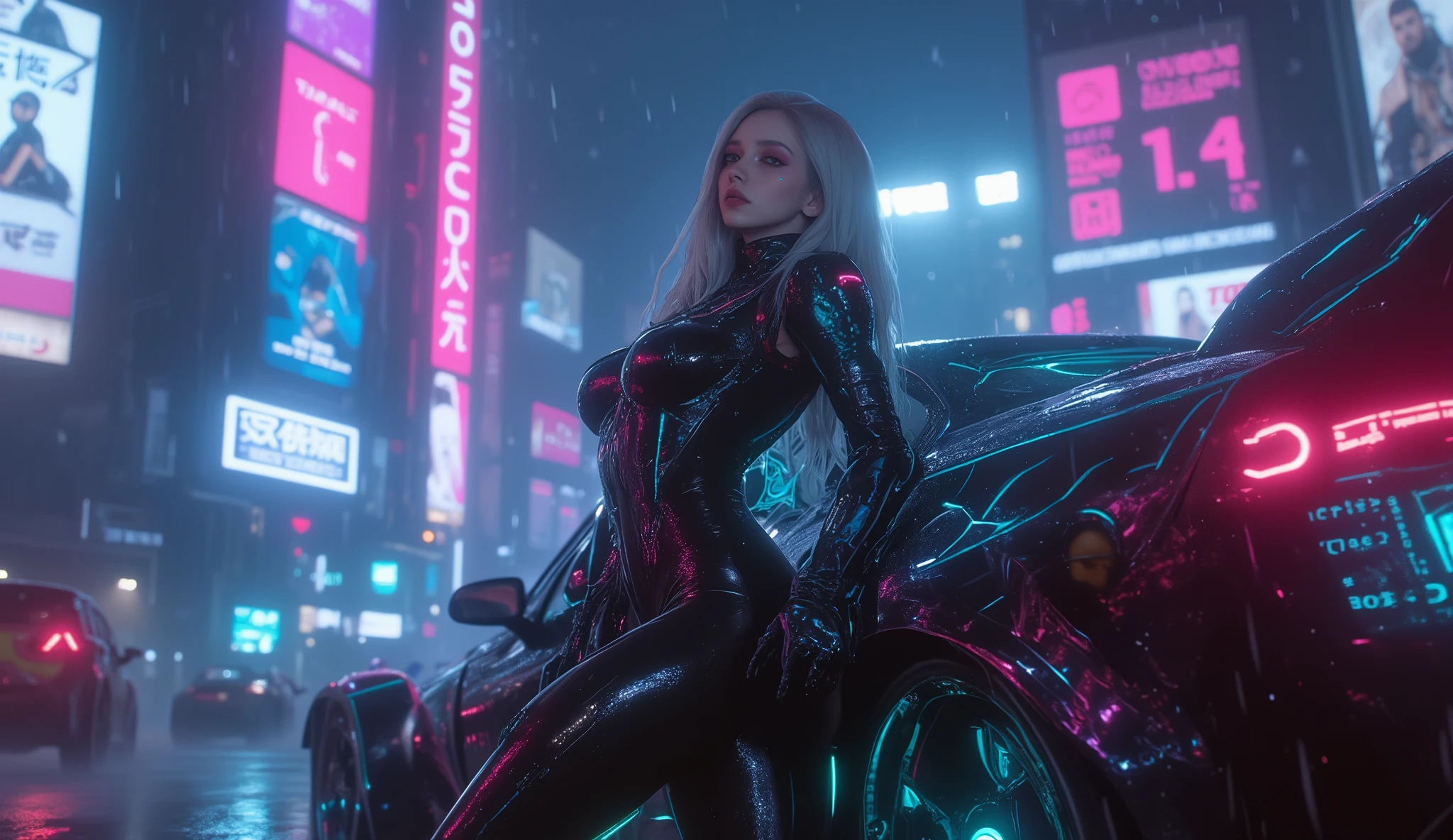 
(Masterpiece), (best quality), ultra-detailed, photorealistic, 8K resolution, cinematic daylight and neon atmosphere

A full-body hyperrealistic cyberpunk portrait of a stunning young gothic woman in a sleek black latex , standing in a dramatic pose beneath glowing neon billboards. She leans casually against a futuristic armored hovercar in the heart of a rain-soaked megacity at night.

Her right arm is a fully articulated chrome cybernetic limb, with glowing data lines pulsing through transparent panels. Long, silky platinum hair with neon streaks flows slightly in the wind, framing a flawless face with icy-blue eyes and a confident smirk. Her outfit gleams under the reflections of the wet streets, accentuating her athletic feminine form.

Behind her, towering skyscrapers fade into mist, filled with holographic ads, flying cars, and shifting pink, cyan, and violet neon light. The hovercar’s surface is covered in luminous circuit patterns and kinetic armor plating, softly glowing with power. A faint holographic HUD projects from her cyber-arm, casting a cyan glow across her face.

The atmosphere is cinematic and moody: heavy rain, reflective puddles, drifting steam, shimmering neon shadows. Hyperdetailed textures, atmospheric depth of field, bokeh effects, perfect , trending on ArtStation, Unreal Engine rendering, ultra photorealistic cyberpunk concept art.