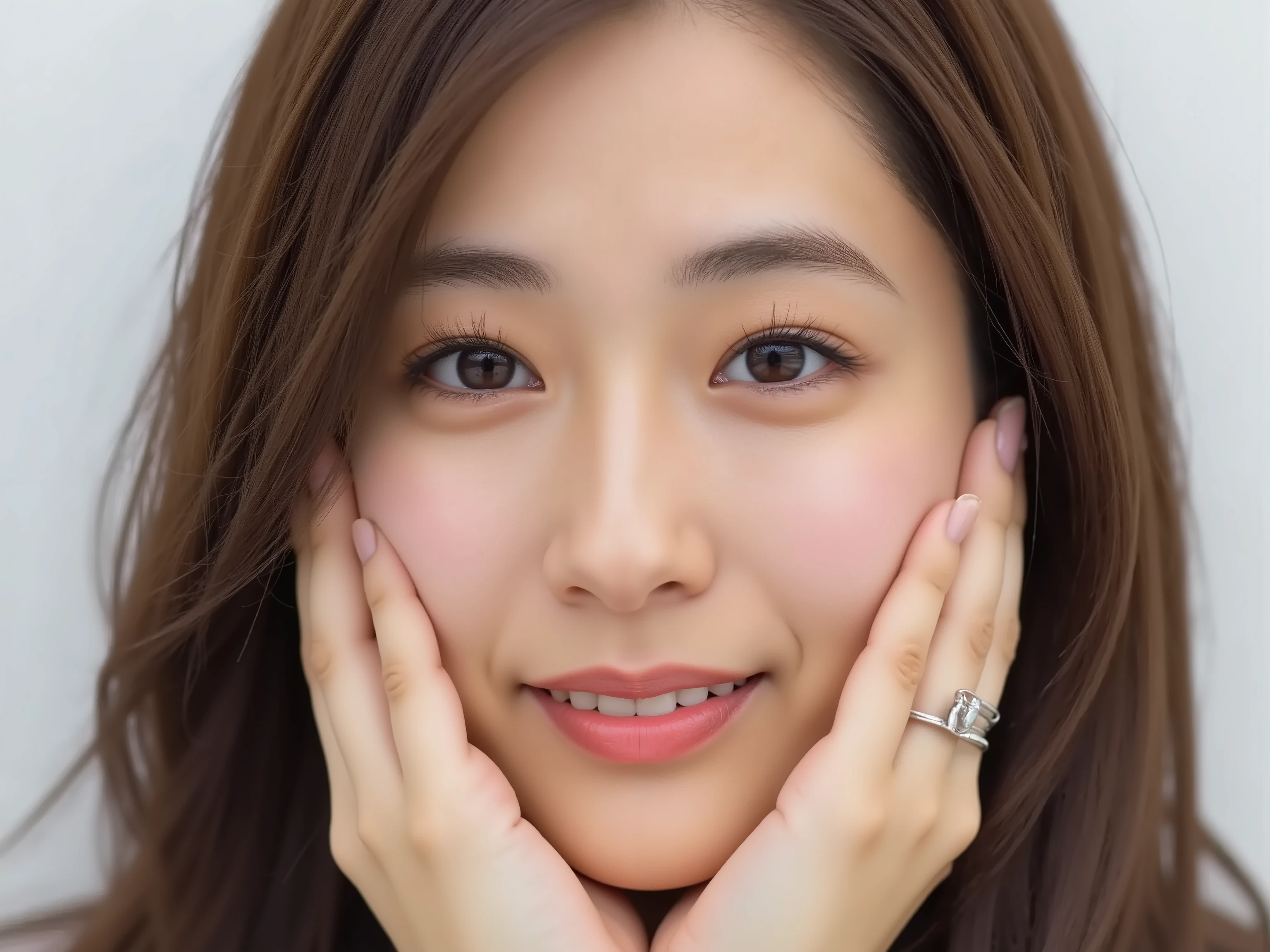 (Refined from an old photo, recreated in a modern, ultra high-quality photorealistic style),
Ultra photorealistic close-up portrait of a beautiful Japanese woman,
upper-body shot, wearing a black outfit (completely out of frame, not visible),
shoulders and collarbone softly exposed,
both hands pressing her cheeks in a shy, lovestruck pose,
sparkling eyes gazing dreamily at the viewer with overwhelming affection,
cheeks blushing deeply with a sweet reddish glow,
soft glossy lips curved into a bright, full, lovestruck smile,
expression melting with love, playful, dreamy, adorably bashful,
purely cute and lovestruck, overflowing with affection and warmth,
smooth glowing skin texture with delicate details,
hair softly framing her blushing face, slightly tousled,
background pure white with gentle blur,
(masterpiece, best quality, high resolution, intimate romantic close-up, cinematic magazine cover style)