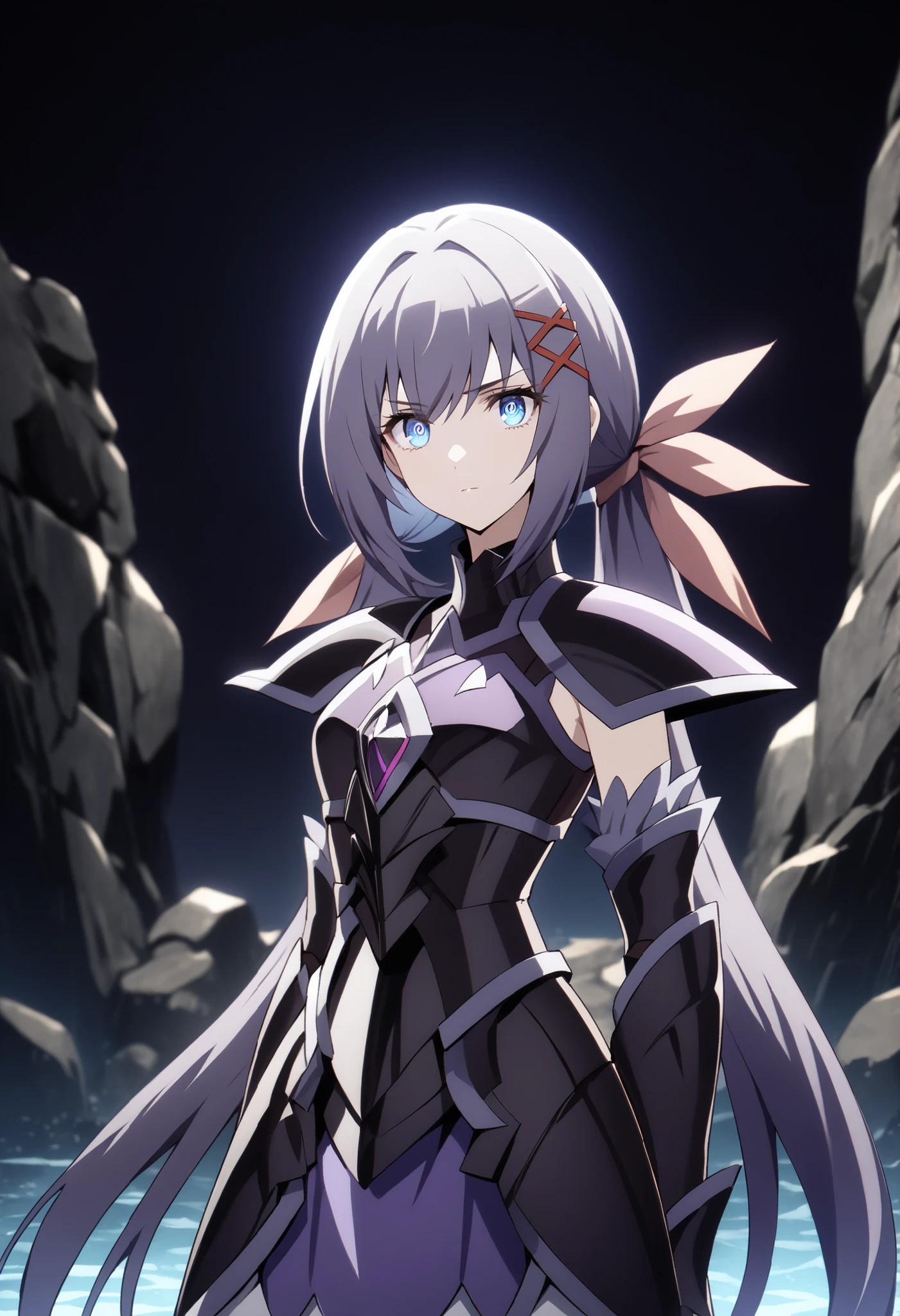 (high-quality, breathtaking),(expressive eyes, perfect face) Symmetrical Eyes, 1girl, female, solo, looking at viewer, black background, soft eerie blue lighting background, rock terrain background, Dark Purple Armor, trim, full plate armor, half body shot, solo, black armor, Specter, Dark Knights, strelitzia (kingdom hearts), x hair ornament, low twintails, hair ribbon, dark blue eyes
