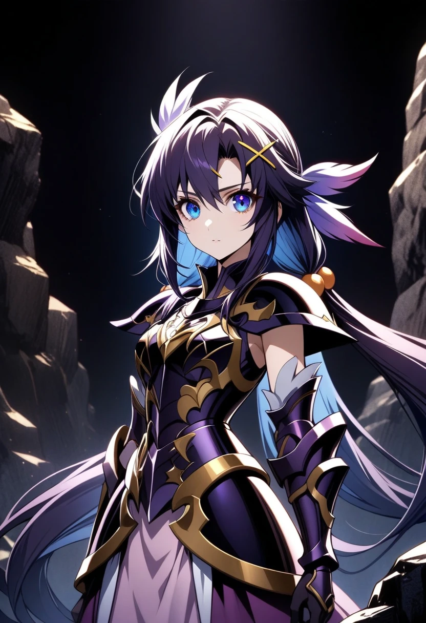 Purple demon mask，There is thunder and lightning all around，Clouds surround。