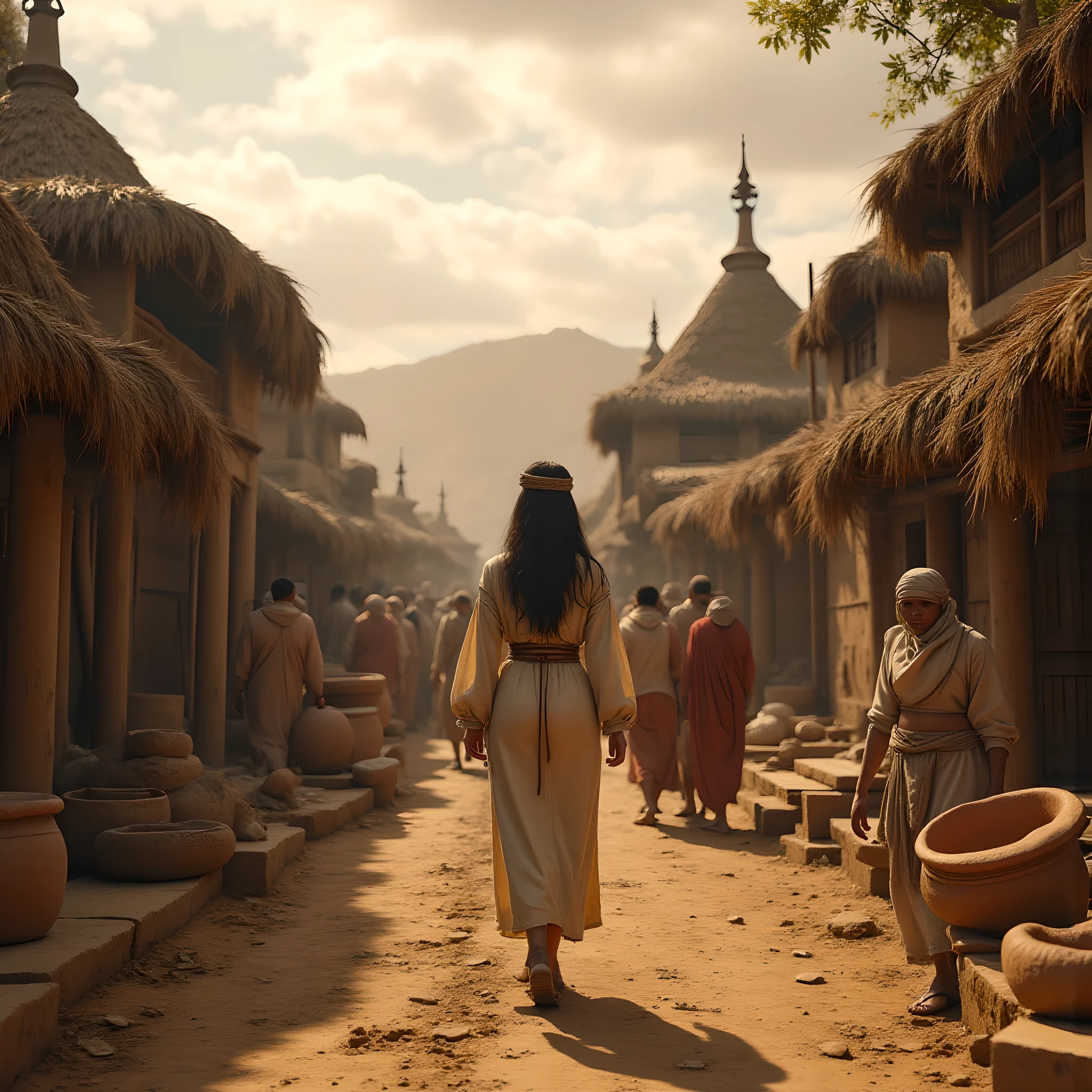 Ancient prehistoric age era,
Bronze age civilization era,
((Realistic cinematography ultra wide depth intense stunning orderly crowded clay houses angle of scenery)),the detailed of a female peasants walking,wearing sandals, (within densely ultra intricately residents),(prehistoric city),((a farmer tribe)),wearing full coverage long kimono primitively fabric long coat and cloth primitive wardrobe,,wondering,(perfectly depth symmetrically curvy and busty body shapely),(cinematic dynamically camera wide angle scenery:accurately depicted:1.3),the lively prehistoric crowds market depicting scenery,afternoon,realistically full depth,(cinematography dynamic angle|hyperrealistic:realistic scenery:3d texture over the scenery),autumn season,best videography angle,hdr,golden hour, (cinematography vibe),primitive wardrobe,(dynamic image composition),(octane 3d rendering|50mm lens shot:1.3),(lifelike skin texture:lifelike hairs:realism),(best rule of third photography composition),(best image aperture),(full details depth of field),(best shutter speed),(RAW photo image),(photorealistic|photorealism:hyperrealism style),(realistic depth 3d:cgi:1.3),(trending on cgsociety:devianart:unreal engine 5),,(best photography:national Geographic style), solarPunkAi and greenPunkAi artwork, digital art,best lighting concept,4K,(realistic fixed truly fully human's anatomy body+hands+and+fingers anatomical),natural motion,inspired by farcry5 game artwork.