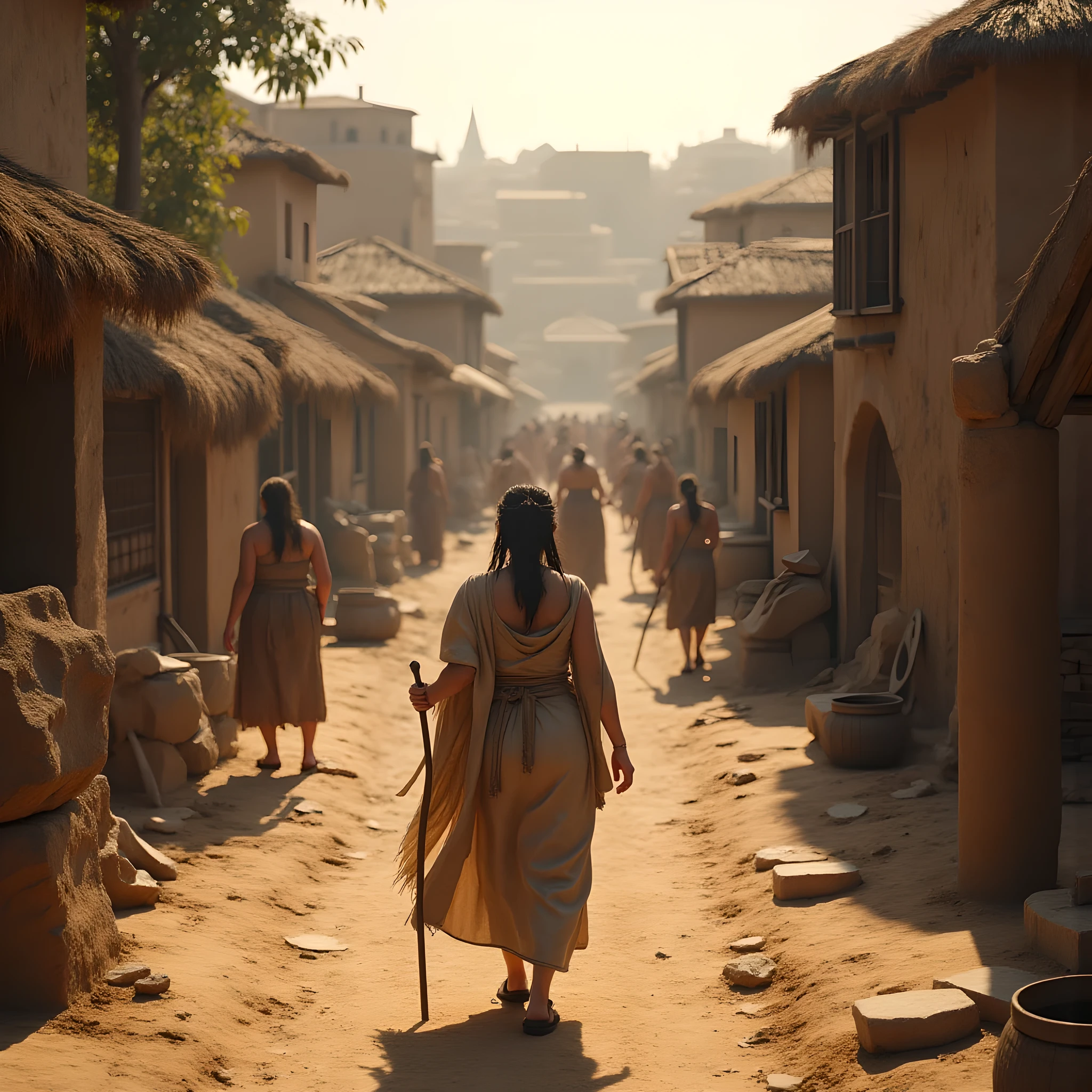 Ancient prehistoric age era,
Bronze age civilization era,
((Realistic cinematography ultra wide depth intense stunning orderly crowded clay houses angle of scenery)),the detailed of a female peasants walking,wearing sandals, (within densely ultra intricately residents),(prehistoric city),((a farmer tribe)),wearing full coverage long kimono primitively fabric long coat and cloth primitive wardrobe,,wondering,(perfectly depth symmetrically curvy and busty body shapely),(cinematic dynamically camera wide angle scenery:accurately depicted:1.3),the lively prehistoric crowds market depicting scenery,afternoon,realistically full depth,(cinematography dynamic angle|hyperrealistic:realistic scenery:3d texture over the scenery),autumn season,best videography angle,hdr,golden hour, (cinematography vibe),primitive wardrobe,(dynamic image composition),(octane 3d rendering|50mm lens shot:1.3),(lifelike skin texture:lifelike hairs:realism),(best rule of third photography composition),(best image aperture),(full details depth of field),(best shutter speed),(RAW photo image),(photorealistic|photorealism:hyperrealism style),(realistic depth 3d:cgi:1.3),(trending on cgsociety:devianart:unreal engine 5),,(best photography:national Geographic style), solarPunkAi and greenPunkAi artwork, digital art,best lighting concept,4K,(realistic fixed truly fully human's anatomy body+hands+and+fingers anatomical),natural motion,inspired by farcry5 game artwork.