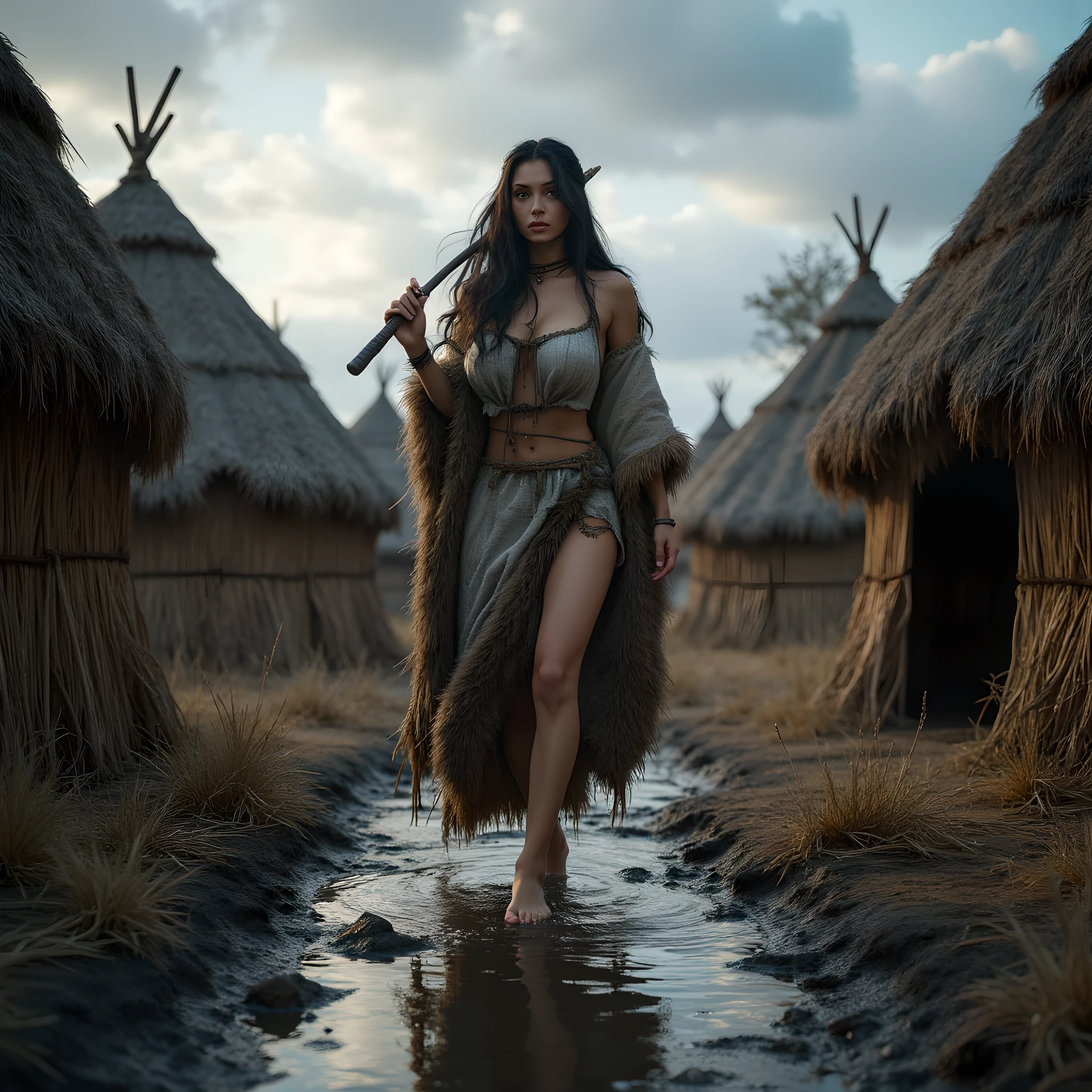 Ancient prehistoric age era,
Stone age era,
((Realistic cinematography ultra wide depth intense stunning orderly hut tents angle of scenery)),muddy,the detailed of a female hunter walking,bare feet,,(within densely ultra intricately straw tents),(nomads community),((a nomads tribe)),wearing full coverage long fur primitively fabric long tunic and straws primitive wardrobe gown dress,,wondering,(perfectly depth symmetrically curvy and busty body shapely),(cinematic dynamically camera wide angle scenery:accurately depicted:1.3),the lively prehistoric hut tents depicting scenery,night,realistically full depth,(cinematography dynamic angle|hyperrealistic:realistic scenery:3d texture over the scenery),cloudy winter season,best videography angle,hdr,blue hour, (cinematography vibe),primitive wardrobe,(dynamic image composition),(octane 3d rendering|50mm lens shot:1.3),(lifelike skin texture:lifelike hairs:realism),(best rule of third photography composition),(best image aperture),(full details depth of field),(best shutter speed),(RAW photo image),(photorealistic|photorealism:hyperrealism style),(realistic depth 3d:cgi:1.3),(trending on cgsociety:devianart:unreal engine 5),,(best photography:national Geographic style), solarPunkAi and greenPunkAi artwork, digital art,best lighting concept,(realistic intricately fixed truly fully human's anatomy body+hands+and+fingers anatomical),natural motion,inspired by farcry5 game artwork.