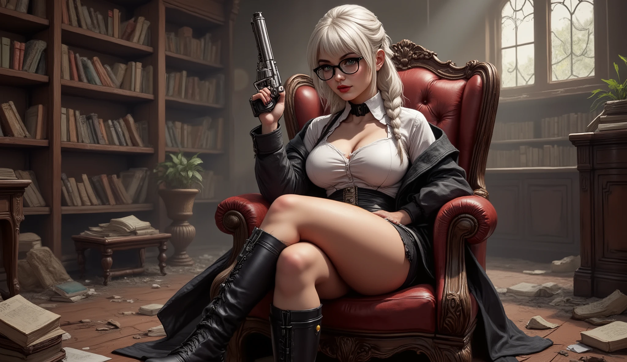 Picture of an adorable 18-year-old girl in a large, abandoned library, filled with dusty old books scattered on the floor, decaying and neglected, with leaks and vegetation growing on the shelves. abandoned library pot apocalyptic. platinum blonde hair, very long hair, bangs, slicked hair, glasses, rectangular glasses with black frames, nerdy appearance, pink wet thick lips, huge breasts, natural breasts, sagging breasts, separated and saggy breasts, wide hips, thick thighs, big juicy butt, hourglass figure, curvy body, voluptuous, porcelain skin, skin texture, skin pores, realistic physique, wearing a white shirt with two unbuttoned buttons, old worn long black leather coat with a high collar, frayed and torn coat, tight black latex shorts, torn fishnet stockings, unbuttoned black tactical military boots, big eyes, almond-shaped eyes, realistic eyes, very detailed eyes, light green eyes, sitting in a highly decorated antique red leather chesterfield armchair, seductive pose with legs crossed and arms on the armrests of the armchair, in his hand he holds a very detailed silver revolver, it is a .45 caliber Colt Phytoon revolver, dynamic angle, shy, professional photography, general focus of the apocalyptic scene, grim and distrustful look, UHD, Unreal Engine, HDR, 16K, realism, photorealism, masterpiece, anatomically correct, award-winning photo, ultra-realistic, High resolution, Precise, Award-winning, Best quality, Detail, HD, High details, Quality, High quality, Super detailed, UHD, Long hair, Braid, Shiny hair, 135 mm, F / 4.0, Sony FE GM, Ponytail, Ray tracing, God rays, Reflected light, Hyperrealism, Realism, (Portrait of a Best Masterpiece: 1.5) 0.9].