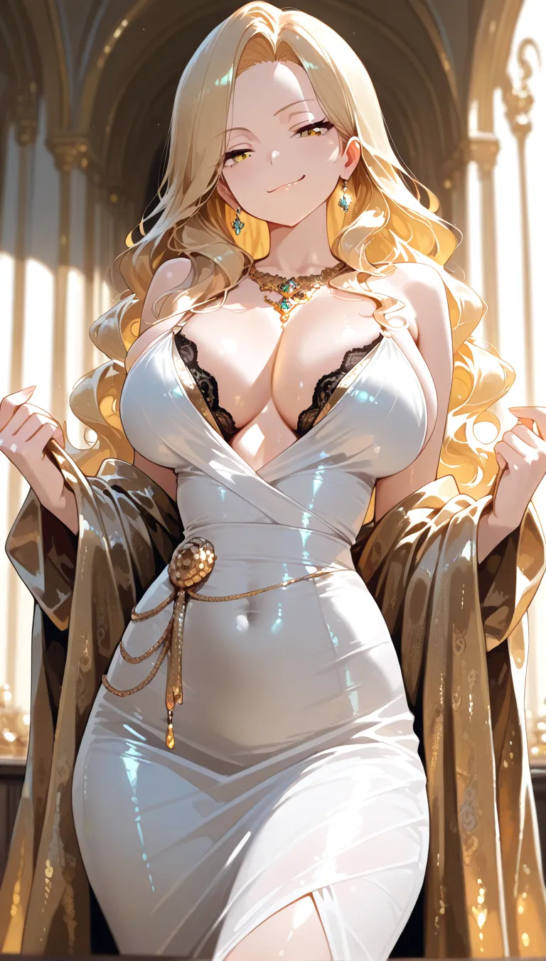 (Best quality),(Masterpiece), (Highres), original, very much_detailed_wallpaper, ((1 girl)), (hair_ornament), (:1.2),full body, Beautiful_detailed_eyes, (blonde_hair), long_hair, (long_Ponytail), blue_eyes, (seductive_smile), ((gentle_Face)), High_heels, ((oil_skin:1.2)),(full_body), 8K, ultra High resolution, (NFV), super detailed, Shiny detailed hair, detailed Face, whole body, fantastic landscape, One, I'm looking at the viewer, {{Best quality}}, {{Masterpiece}}, {{ultra detailed}}, {Detailed light}, ultra High quality eyes, detailed eyes, Perfect eyes, Big eyes, long hair, Beautiful, Skinny body, White skin, slutty, , blushing, , I stand in a defiant pose, ((gold_dress)),