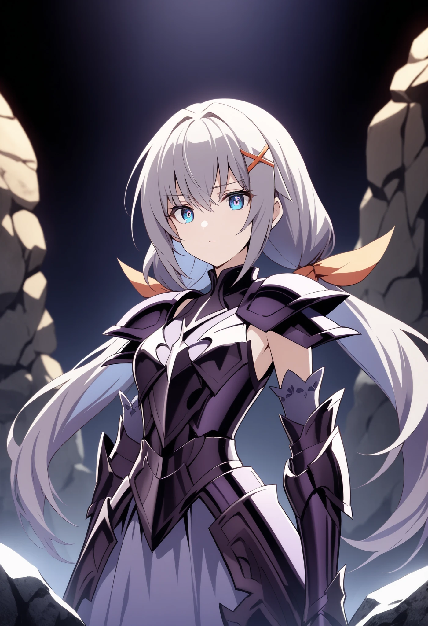 (high-quality, breathtaking),(expressive eyes, perfect face) Symmetrical Eyes, 1girl, female, solo, looking at viewer, black background, soft eerie blue lighting background, rock terrain background, Dark Purple Armor, trim, full plate armor, half body shot, solo, black armor, Specter, Dark Knights, strelitzia (kingdom hearts), x hair ornament, low twintails, hair ribbon, dark sapphire blue eyes