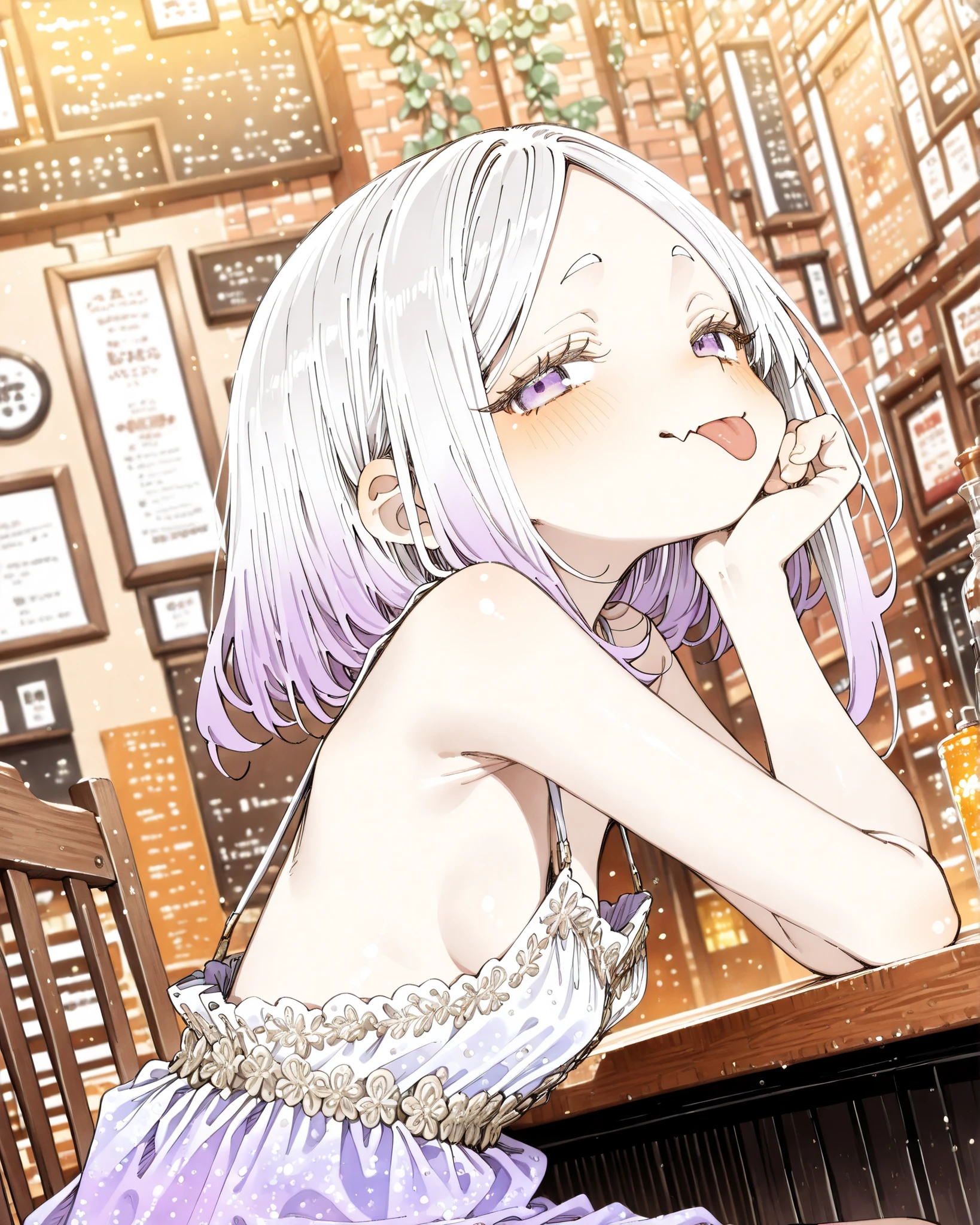 ((Abara Heiki style)), ((Masterpiece)), ((best quality, amazing quality)), ((very aesthetic, absurdres, newest)), ((detailed background, negative space, blurry background, depth of field)), (dynamic angle, from side), ((1girl)), Cute young Girl, (Healthy Gaunt body, Textured skin, small , tilt head), (long parted bangs, cute forehead, long sidelooks),Glossy hair, (medium hair, platinum-gold hair, unruly hair, gradient hair), (smug, sticking out tongue, blush), skin fang, (pale purple eyes, glitter eyes, gradient eyes, averting eyes, looking at side), big eyes, (Thin and short eyebrows), glossy lips, pouty lips, (lower eyelashes), BREAK, (wearing Floral dress, ivy Embroidery, sideboob), arms, Beautiful neckline, (head rest), (loose sitting on the bar chair, against the bar counter), indoors, Inside the bar, indirect illumination,