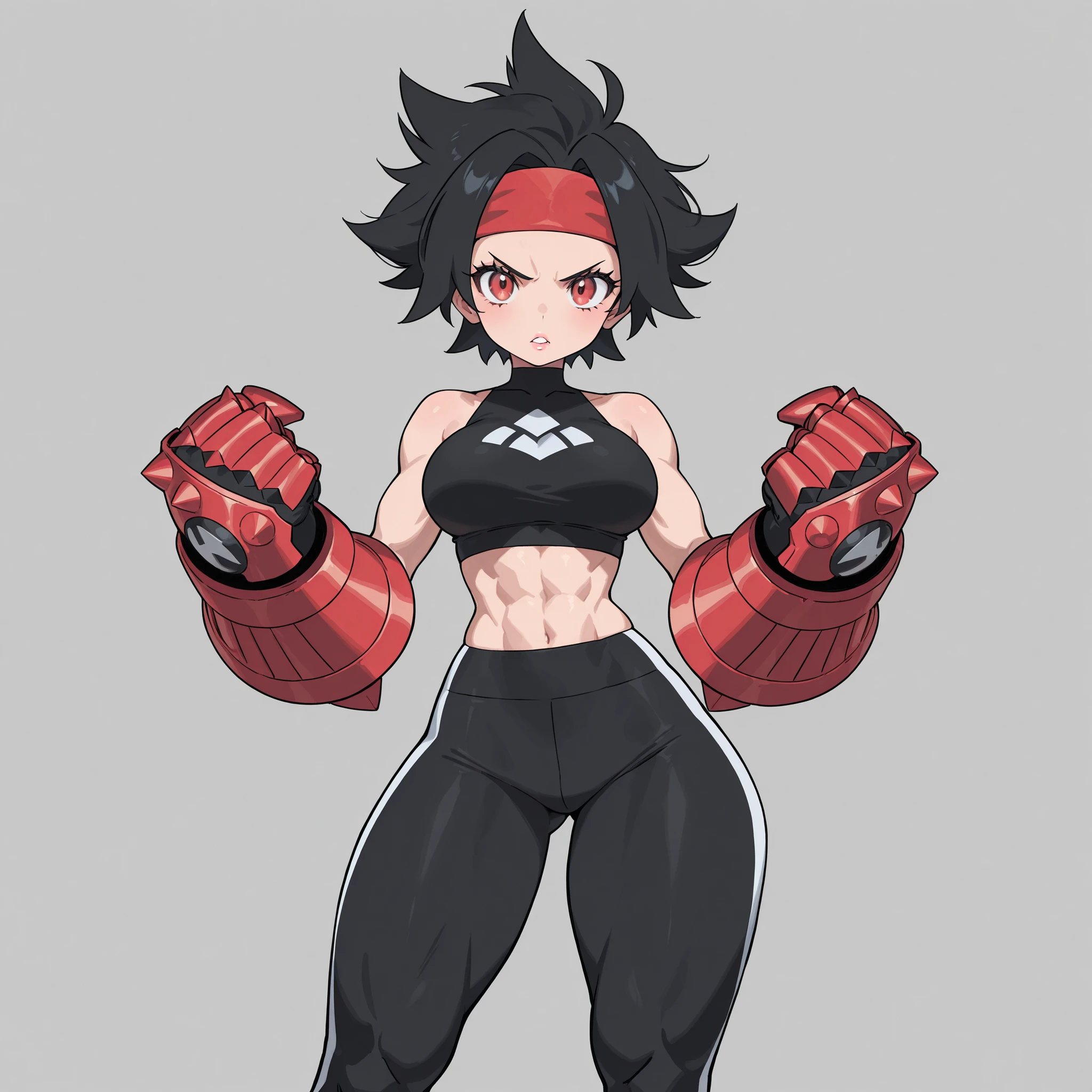 masterpiece, ultra-HD, impressionism, high detail, best quality, very aesthetic, 8K, best quality, beautiful, ultra-high resolution, 32K UHD, sugimorixd, 1woman, solo, tomboy, short messy black hair, spiky hair, red eyes, almond-shaped eyes, eyelashes, full lips, pink lips, huge breasts, wide hips, narrow waist, thick thighs, shapely legs, muscular, toned, slim, black crop top, black leggings, red headband, red iron gauntlets, huge gauntlets, blushed, angry, serious, cute, raised fists, standing, looking at viewer, simple background, from the front view