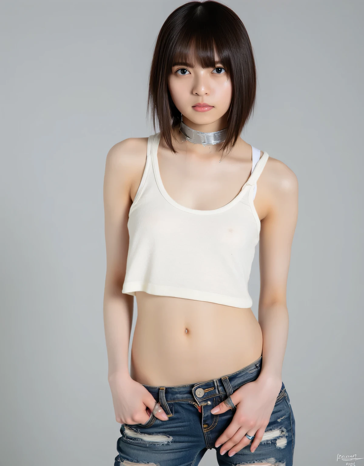 Saito Asuka, top quality, ultra-realistic, single woman, perfect anatomy, perfect fingers, slim body, toned waist, thin thighs, heavily ripped washed denim jeans fastened with safety pins, slim Ivory White tank top, silver choker necklace, asymmetrical haircut, raw punk feel, (((takes off clothes and pulls down denim pants: 1.9)))