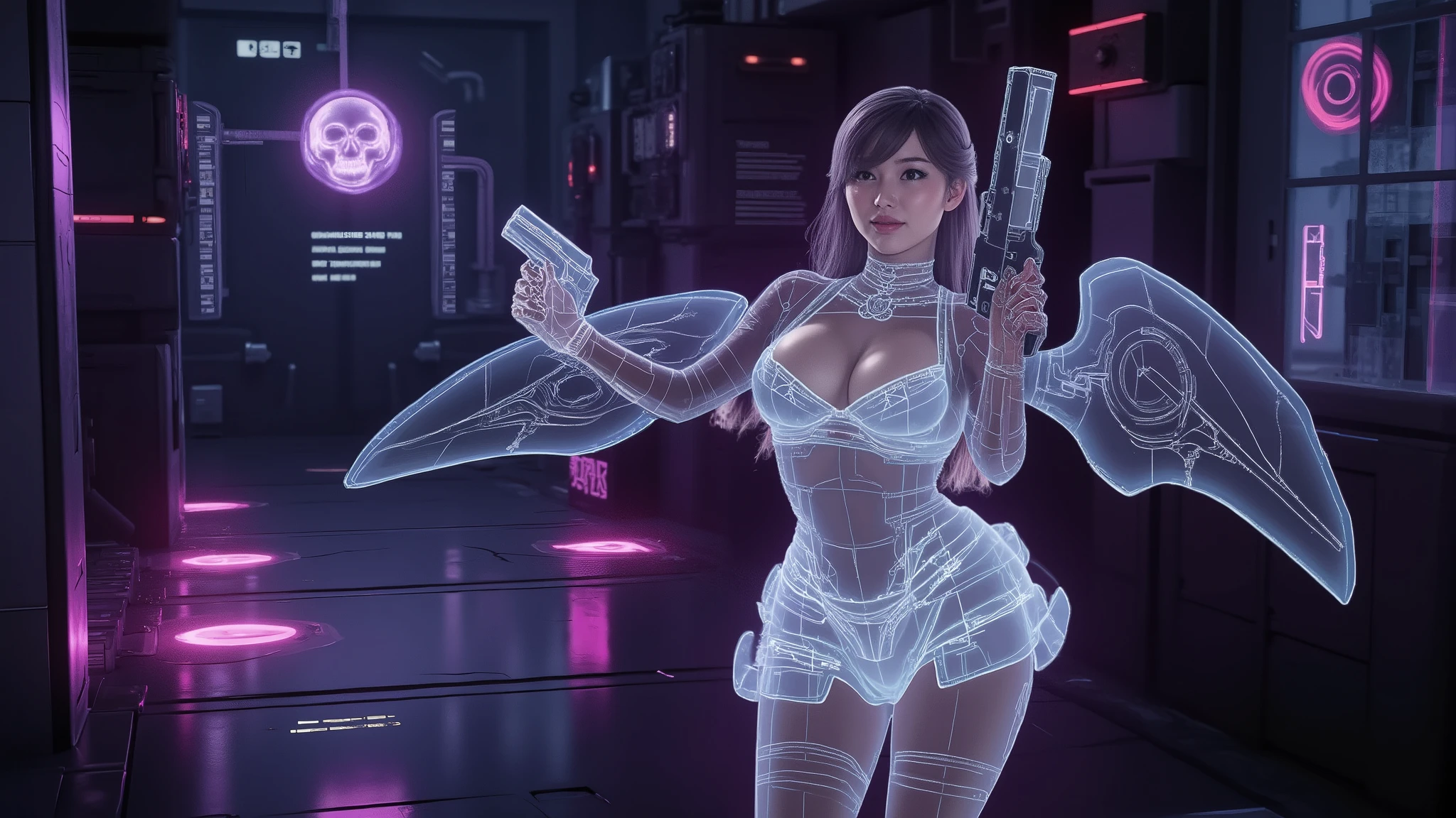 (blueprint style buildings, medium size flying 1drone). (((high angle view, overhead shot))). Translucent Chinese girl with mechanical wings in mid-ground, ((half-body thigh level medium:1.8 shot)), long hair, open legs, (((transparent:0.1 short:0.1 shift dress))), cleavage, medium-breast:1.0, (((aiming short:0.1 pistol at viewer))), Matrix style micro sunglasses, ((Three-quarter view style, she appears at the right half of the frame, positioned in the middle-right, cinematic shot, rule of thirds composition)), slim:0.3 body, ((serious look)), slim face, (((lace tiny bra and lace G-string micro panty))), (realistic, photorealistic, photo-realistic:1.37), digital art, sci-fi concept art, cyberpunk server centre with skull BOSS, (dramatic lighting, neon lights, glowing wires, cyberpunk aesthetic, futuristic), blue and purple color tones, cinematic composition.