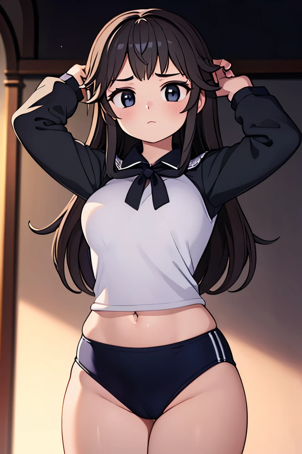 (masterpiece, highest quality), 1 girl, beautiful face, beautiful body, wearing a Black gymnastics bloomers, High leg、white blouse, cowboy shot、Are standing、full body portrait、alone, complex details, enlarged textures, complex details, finely detailed eyes and detailed face, intricate details, (closed mouth), perfect eyes, equal eyes, perfect body, extremely detailed, (), extremely realistic 3d,In a gothic castle、darkness,fear,dead body,death,at night,cap,long violate hair,Grass