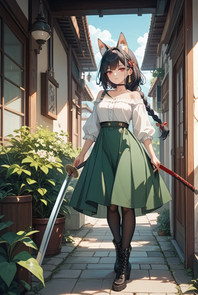 realistic, beautiful and detailed girl, clear and beautiful, Make the character the main point of view, glowing skin, female, not, young, 20 years old, short hair, shortcut, Short hair, Beautifully detailed glass hair, beautiful details, cold face, cold expression, beautiful and delicate eyes, blue eyes, moderate , orange eyes, Authentic skin texture, Very nice 8KCG wallpaper, Very nice 8K CG wallpaper, Watercolor (middle), female warrior, black hair, full body cut, cat ears, Long knives, traditional white hanbok, short skirt length, (((with my whole body))), Show me your whole body, Moonlit night, dark night, midnight (((nature background, mountain, wood))), ((draft)), full body cut, Show me everything, all the way to your toes, straight ahead, shoe color black