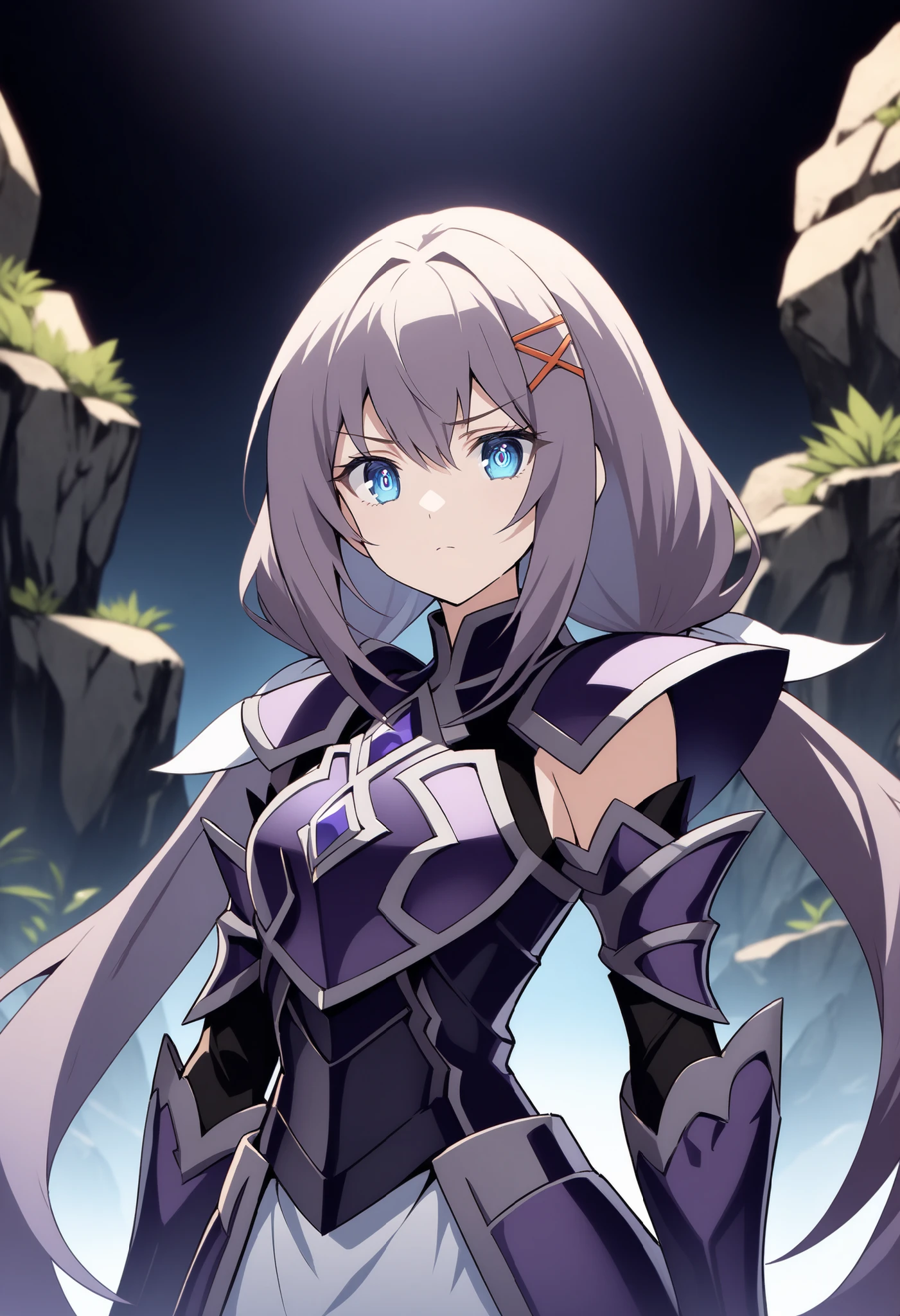 (high-quality, breathtaking),(expressive eyes, perfect face) Symmetrical Eyes, 1girl, female, solo, looking at viewer, black background, soft eerie blue lighting background, rock terrain background, Dark Purple Armor, trim, full plate armor, half body shot, solo, black armor, Specter, Dark Knights, strelitzia (kingdom hearts), x hair ornament, low twintails, hair ribbon, dark sapphire blue eyes
