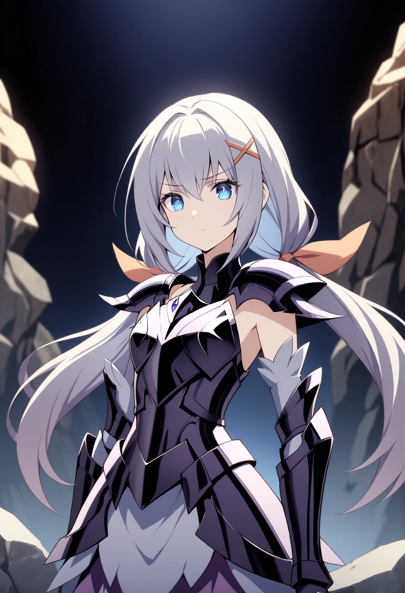 (high-quality, breathtaking),(expressive eyes, perfect face) Symmetrical Eyes, 1girl, female, solo, looking at viewer, black background, soft eerie blue lighting background, rock terrain background, Dark Purple Armor, trim, full plate armor, half body shot, solo, black armor, Specter, Dark Knights, strelitzia (kingdom hearts), x hair ornament, low twintails, hair ribbon, dark sapphire blue eyes