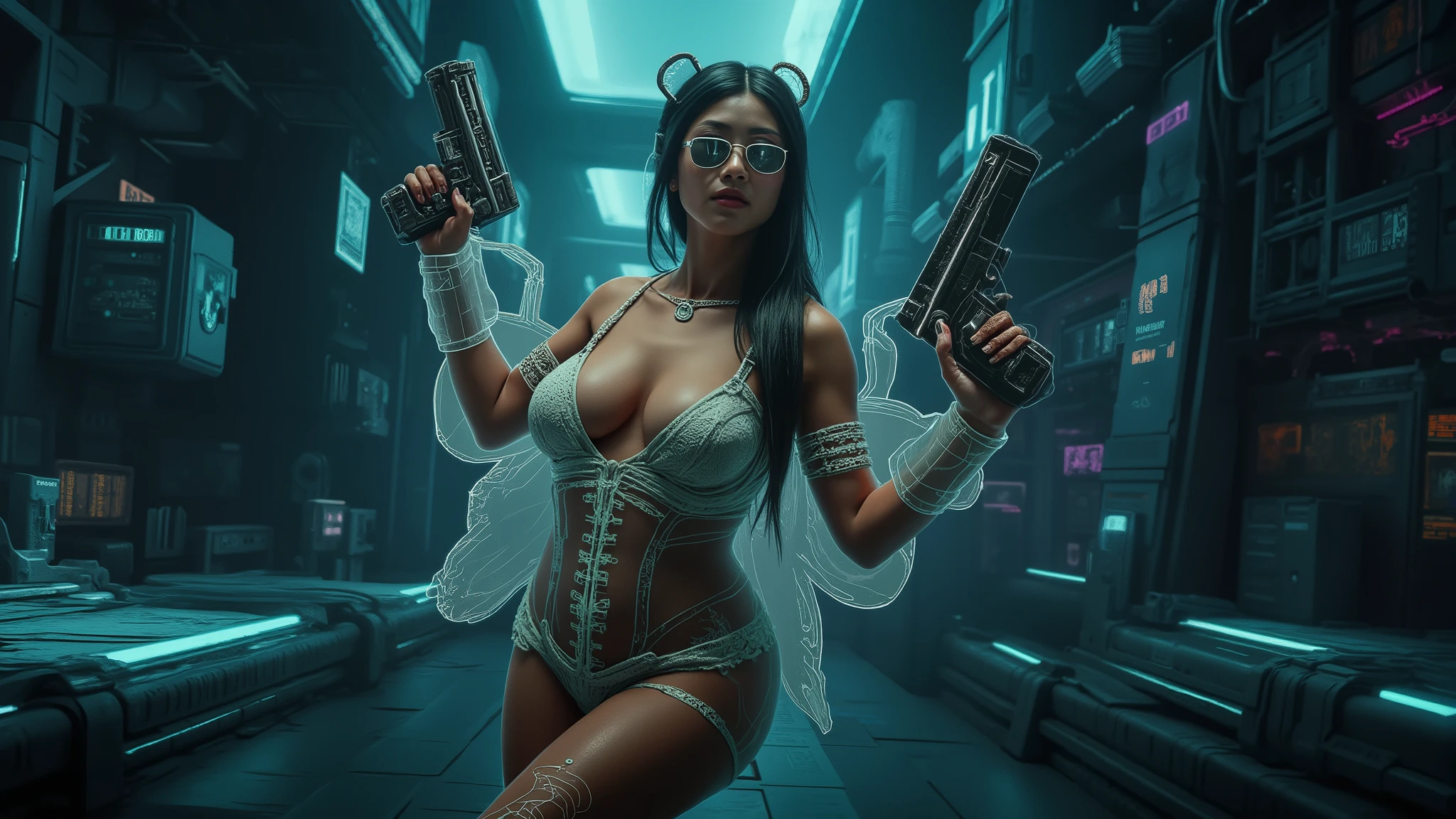 (blueprint style buildings, medium size flying 1drone). (((high angle view, overhead shot))). Translucent Chinese girl with mechanical wings in mid-ground, ((half-body thigh level medium:1.8 shot)), long hair, open legs, (((transparent:0.1 short:0.1 shift dress))), cleavage, medium-breast:1.0, (((aiming short:0.1 pistol at viewer))), Matrix style micro sunglasses, ((Three-quarter view style, she appears at the right half of the frame, positioned in the middle-right, cinematic shot, rule of thirds composition)), slim:0.3 body, ((serious look)), slim face, (((lace tiny bra and lace G-string micro panty))), (realistic, photorealistic, photo-realistic:1.37), digital art, sci-fi concept art, cyberpunk server centre with skull BOSS, (dramatic lighting, neon lights, glowing wires, cyberpunk aesthetic, futuristic), blue and purple color tones, cinematic composition.