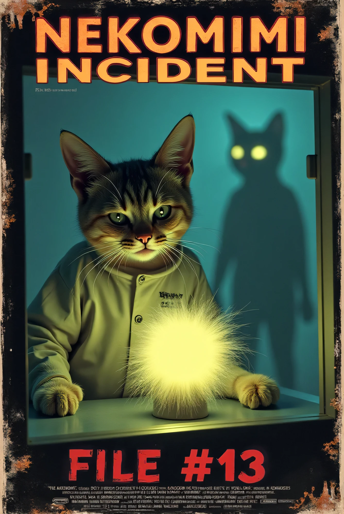 "Parody of a found-footage horror poster, titled 'NEKOMIMI INCIDENT: FILE #13'. A serious-looking cat scientist in a hazmat suit with oversized cat ears inspects a glowing alien hairball inside a sealed chamber. Behind glass, a blurry, multi-tailed cat entity watches. Poster has fake classified stamps, VHS glitch effect, and dramatic tagline like 'The Truth Has Whiskers'."
