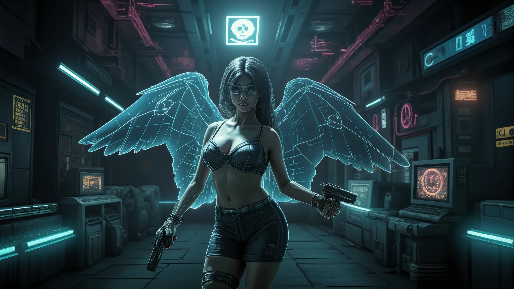 (blueprint style buildings, medium size flying 1drone). (((high angle view, overhead shot))). Translucent Chinese girl with mechanical wings in mid-ground, ((half-body thigh level medium:1.8 shot)), long hair, open legs, (((transparent:0.1 short:0.1 shift dress))), cleavage, medium-breast:1.0, (((aiming short:0.1 pistol at viewer))), Matrix style micro sunglasses, ((Three-quarter view style, she appears at the right half of the frame, positioned in the middle-right, cinematic shot, rule of thirds composition)), slim:0.3 body, ((serious look)), slim face, (((lace tiny bra and lace G-string micro panty))), (realistic, photorealistic, photo-realistic:1.37), digital art, sci-fi concept art, cyberpunk server centre with skull BOSS, (dramatic lighting, neon lights, glowing wires, cyberpunk aesthetic, futuristic), blue and purple color tones, cinematic composition.