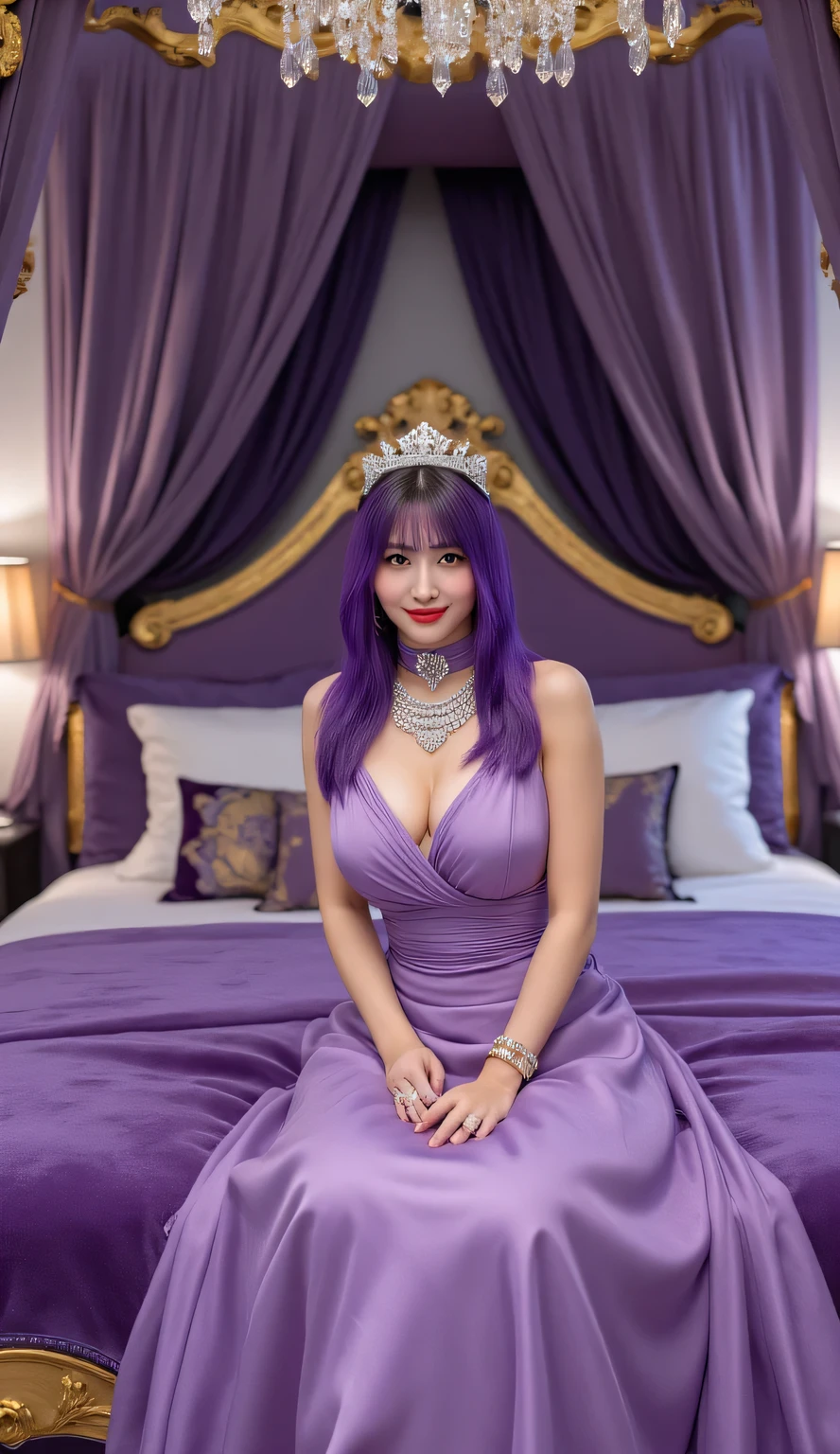 Exquisite princess, sitting gracefully on a plush velvet bed in a glamorous purple bedroom, facing camera directly with front body POV, wearing an elegant European-style gown - turtle neck design, sleeveless, floor-length purple-pink fabric flowing gently, thick long bright purple hair cascading down her back, striking bright red lipstick enhancing her smile, adorned with opulent jewelry including diamond-encrusted tiara, layered necklaces, and sparkling bracelets, royal purple bedroom with gold accents, luxurious canopy bed with sheer drapes, crystal chandelier casting soft light, ornate decorative pillows, regal atmosphere, soft ambient lighting, 8k resolution, photorealistic details, hyperdetailed textures, cinematic composition, professional lighting, masterpiece quality, top-tier rendering
