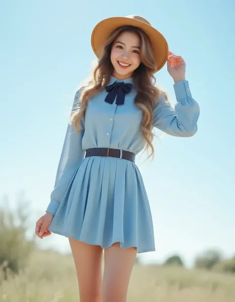 Pose ändern Hand berührt Strohhut