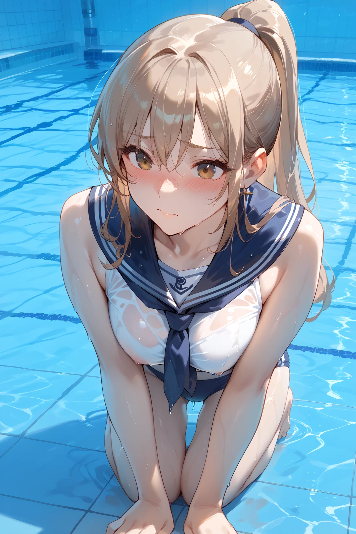 pieces fly、masterpiece、highest quality、Super detailed、High resolution、High resolution、8K portrait、Unity 8k壁紙のHigh resolutionCG、unity 8k wallpaper、cute type little:1.5、upon:1.5、Highly detailed CG unity 8k wallpaper、realistic、real person、cute type little、 portrait photography、shiny skin、High resolution、(16 years old:1.2)、(1 girl)、beautiful clear eyes、very detailed explanation、delicate face、nice lips、slender body、Same with ??????????? thin waist、thin legs、(Poolside:1.6)、1 girl, cute type, perfect face, seriously, (blush:1.5),(golden hair ponytail:1.2),((there are many people nearby:1.4)),Same with ???????????,((navy blue school swimsuit:1.2)),(((???? ???????:1.5))),(((I have ???????))), Detailed description ??????,show ??????,???????????,spread ,((?????? in the ??????:1.5))