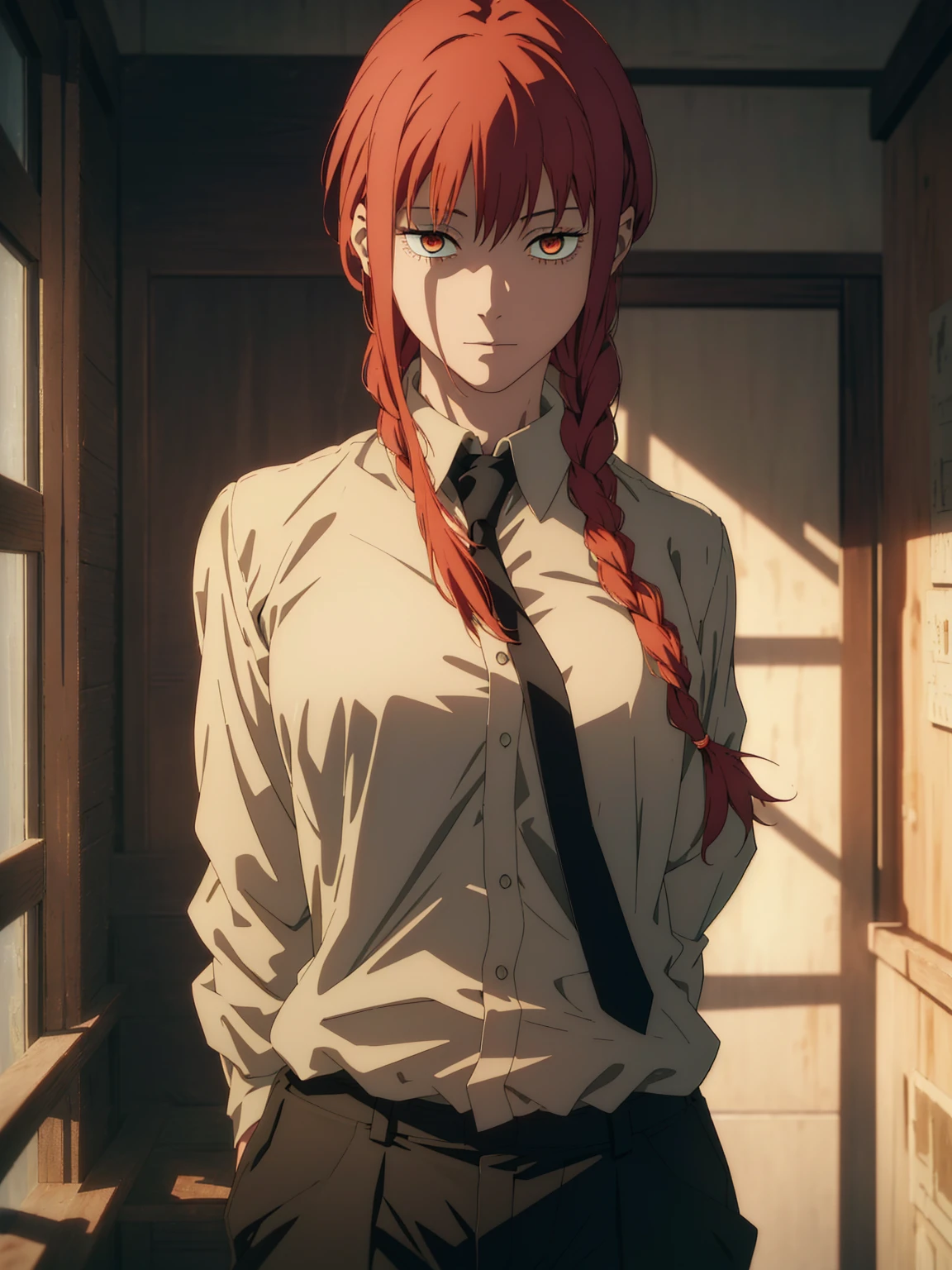 Makima \(Chainsaw Man\),, Two Girls, only, sit, Redhead, Long braided hair, Golden Eyes,White lace , Medium ,　　{{{{{(not showing one's neck:1.2)}}}}}, {{{{{pov hand choke strike your neck:1.4}}}}},　　　shirt, Perfect collarbone,（White ）,, Watching the audience, (Close-up:1.3), , Upper Body, Best Quality, Glowing Skin, highest quality, High resolution, stomach, bed