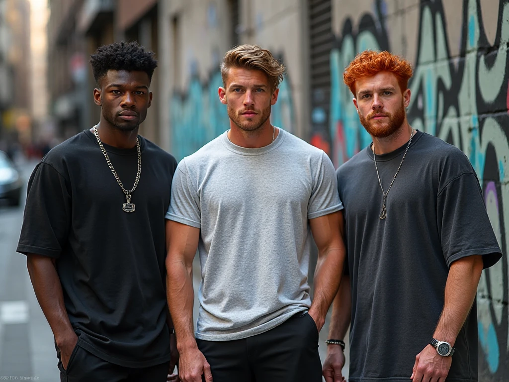 A 2 black male tall of 1,76 muscular man has medium beard tattoos small hair and another 2 man of 1,73 white man has no beard, blonde medium hair wavy neck blue eyes no tattoo