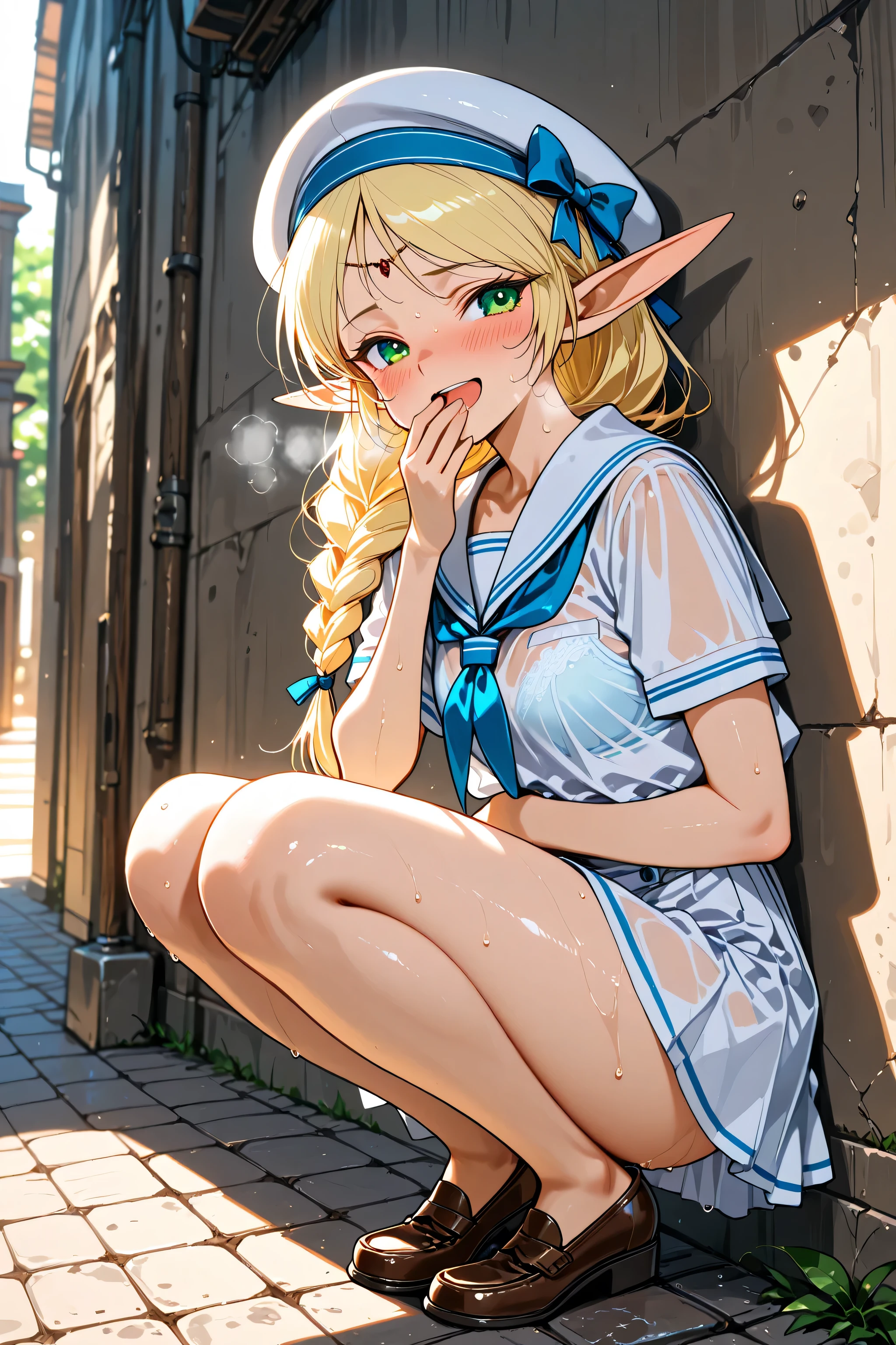 masterpiece, best quality, highres, incredibly absurdres, amazing quality, tanaka masayoshi artstyle,
1girl,solo , three quarter view, looking at viewer, 
deedlit, pointy ears, elf, blonde hair, French braided ponytail, white serafuku, white sailor collar, white skirt, white sailor collar, blue neckerchief, wet clothes, white beret,(hat bow),(bra visible through clothes:1.1),(white bra:0.7),loafers, no socks, 
dynamic expression, blush, giggling, flustered, facing to the side, very sweaty, open mouth, smile,
dynamic pose, squatting, (leaning on wall), shade,(heavy breathing), exhausted, hand on own stomach, hiding, hand over own mouth,
summer, day, outdoors, alley,(bokeh),stone floor,
