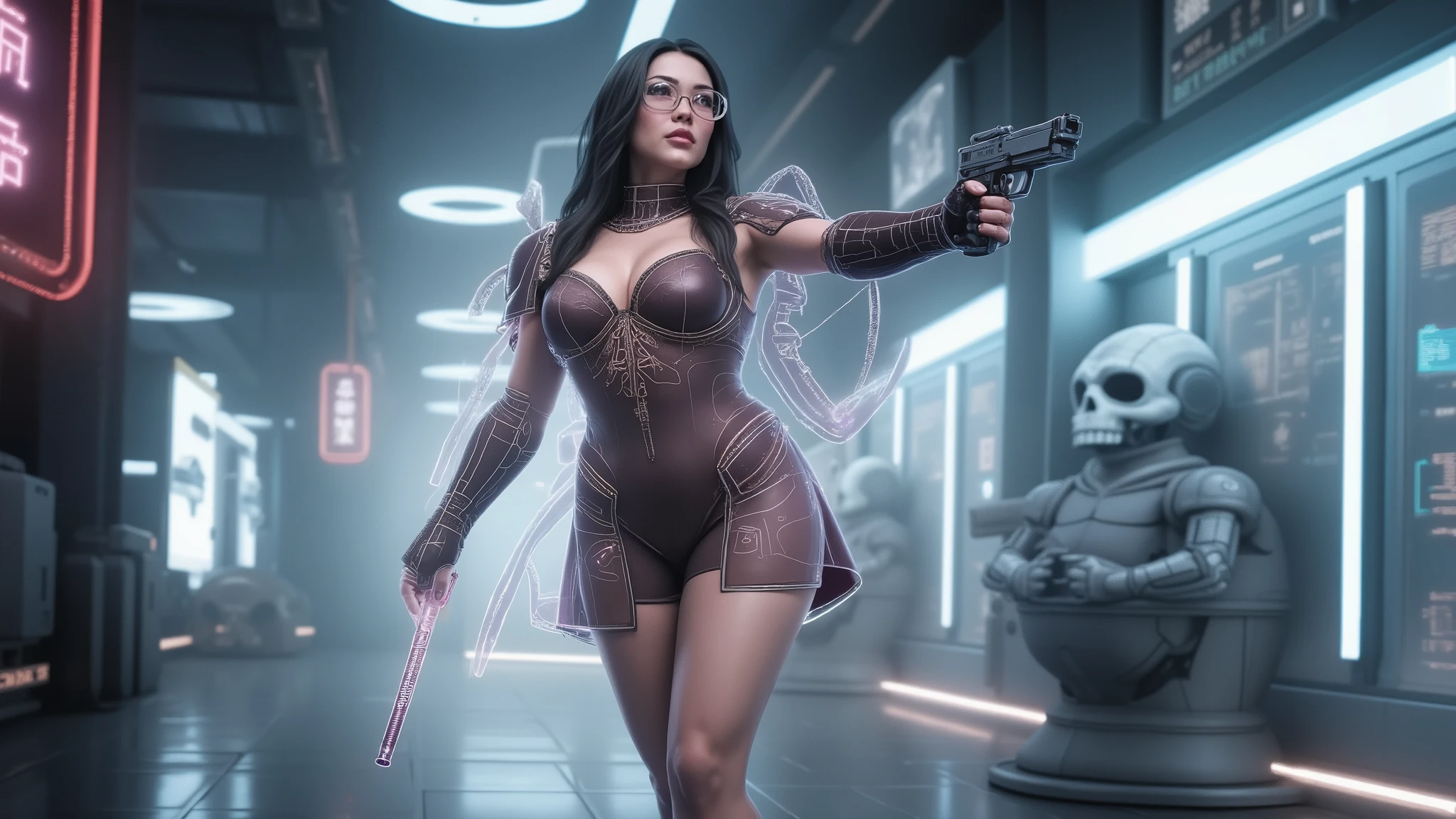 (blueprint style buildings, medium size flying 1drone). (((high angle view, overhead shot))). Translucent Chinese girl with mechanical wings in mid-ground, ((half-body thigh level medium:1.8 shot)), long hair, open legs, (((transparent:0.1 short:0.1 shift dress))), cleavage, medium-breast:1.0, (((aiming short:0.1 pistol at viewer))), Matrix style micro sunglasses, ((Three-quarter view style, she appears at the right half of the frame, positioned in the middle-right, cinematic shot, rule of thirds composition)), slim:0.3 body, ((serious look)), slim face, (((lace tiny bra and lace G-string micro panty))), (realistic, photorealistic, photo-realistic:1.37), digital art, sci-fi concept art, cyberpunk server centre with skull BOSS, (dramatic lighting, neon lights, glowing wires, cyberpunk aesthetic, futuristic), blue and purple color tones, cinematic composition.
