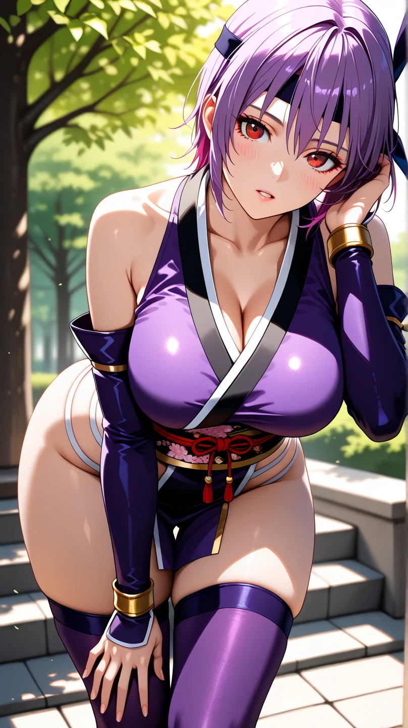 masterpiece, best quality, toujo nozomi, green eyes,low twintails, purple hair, blue japanese clothes, large breasts, cleavage, thighs, thighhighs, curvy body, arms behind back, embarrassed, cowboy shot , BREAK dojo, japanese architecture, llchar, sweating,(short hair:0.8), sexy