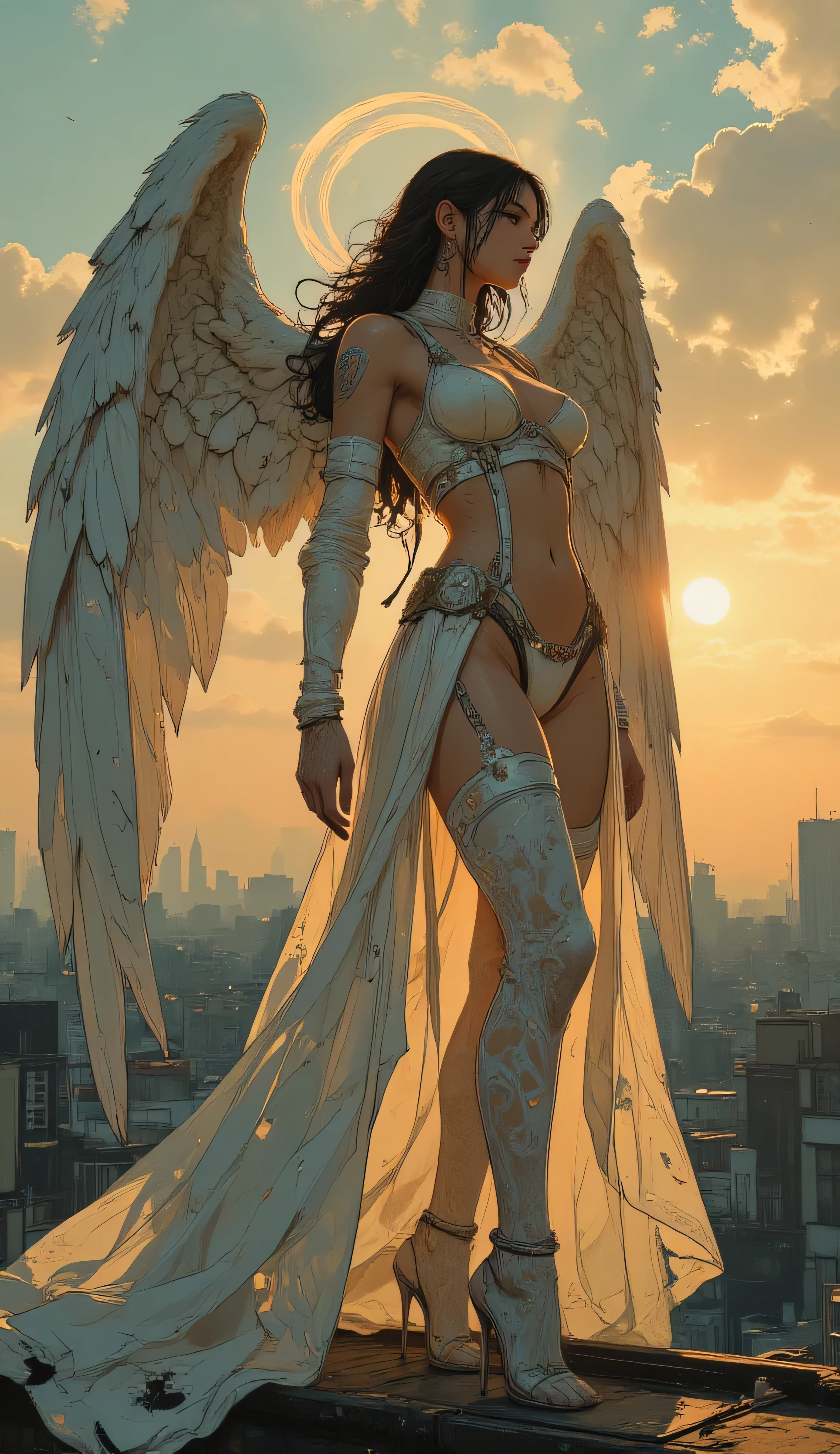 
 Angel adapting to mortal realm, professional fantasy photography, wings folding into human world, elegant stockings with heavenly patterns ascending perfect legs, sophisticated garterbelt with small celestial gems, former divine garments transforming into mortal fashion, dawn light creating halo effect, standing between worlds on city rooftop, sensual yet powerful presence
