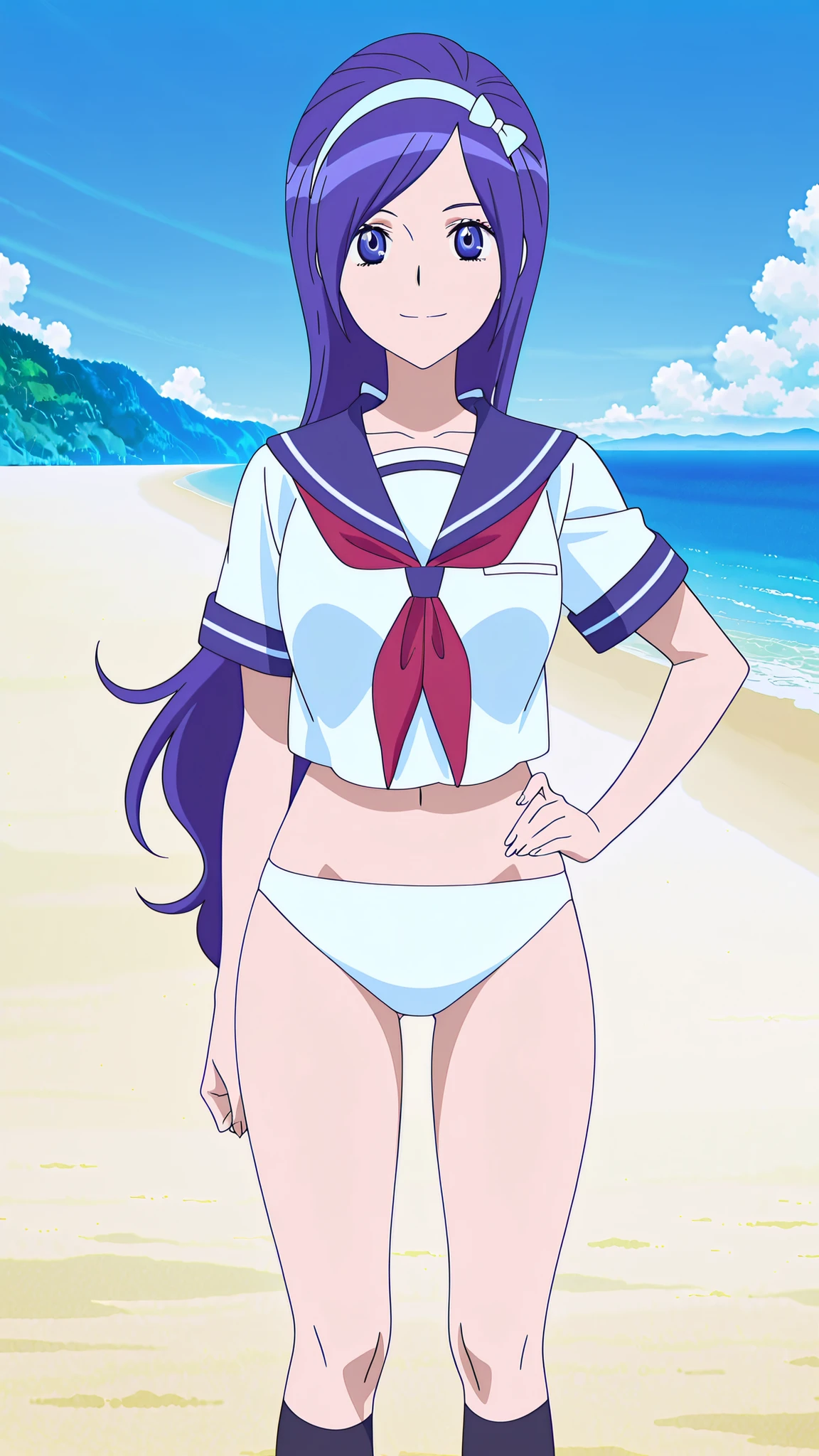 straight-on,general,highres, ultra-detailed,very aesthetic,best quality ,best hands,best eyes, anime cloring, anime screencap,1girl solo,looking at viewer, smile, happy, opne mouth,outdoors, sea, beach, blue sky, hand on hip, Miki,dark blue hair, long_hair, hairband, light blue band, close_eyes, , serafuku, Navy blue sailor collar, white shirt, Short sleeves, red neckerchief, no skirt, Pure white , white simple , thighs, standing, Straighten your spine, black high socks,