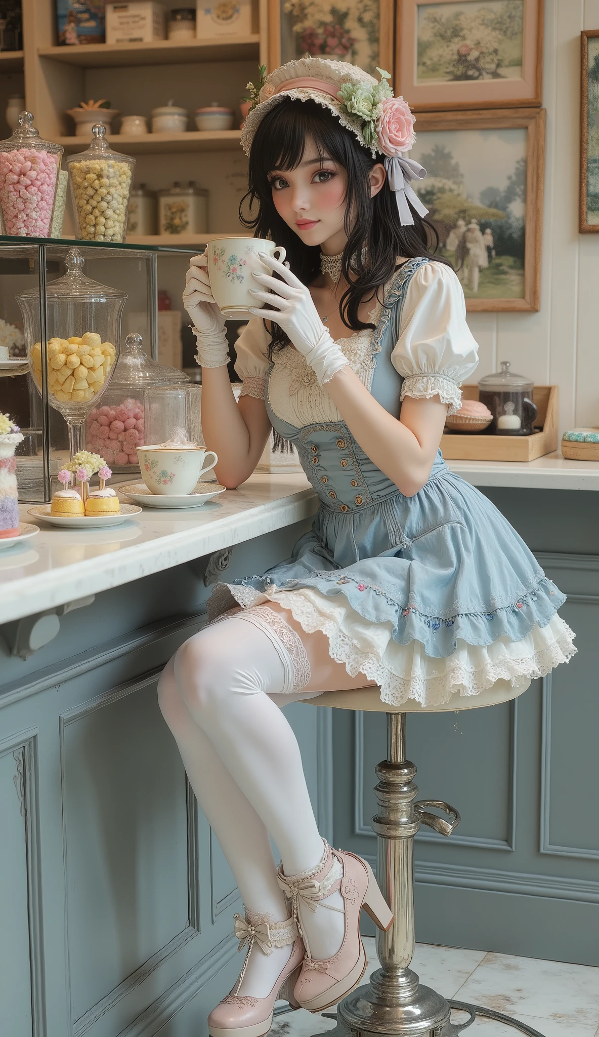 Subject: A beautiful dark-haired woman in a Sweet Lolita fashion coord. She is sitting elegantly on a high bar stool at a patisserie counter, with her legs gracefully crossed. Her pose is relaxed yet refined: she is leaning back slightly, holding a large mug of cappuccino by its handle as if she has just blown on it. Her gaze is soft, thoughtful, and directed somewhere away from the viewer, beyond the frame.
Apparel & Look:
Dress: A soft blue tulle and satin dress with white lace trim and delicate pink details (bows, ruffles).
Hosiery: White thigh-high stockings with intricate lace tops and elegant garters adorned with tiny bows and pearl accents.
Footwear: Platform heels decorated with ornate bows and miniature edible decorations (lollipops, macarons).
Accessories: Elbow-length white gloves, a small cloche hat adorned with flowers and ribbons, and delicate lace ribbons in her hair.
Setting & Atmosphere:
Scene: A cozy, vintage-style patisserie with a pastel color scheme.
On the counter: An assortment of glass jars filled with colorful candies and lollipops, pastel-colored desserts on porcelain plates, a dusting of powdered sugar.
Color Palette: A soft and sweet palette: muted grey, peach, lemon-yellow, beige, shades of coffee-with-milk, soft blue, and dusty pink.
Lighting: Warm, soft, and cinematic, creating an intimate and cozy atmosphere.
Details & Style: Photorealistic detail, hyper-detailed textures (satin, tulle, lace, glass), shallow depth of field, cinematic lighting, 8k resolution.