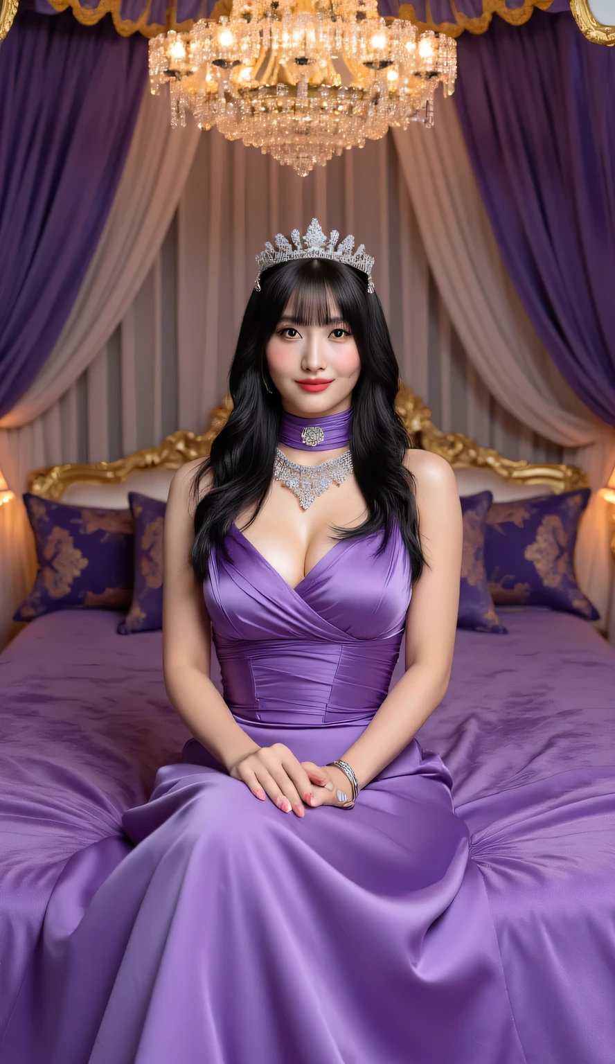 Exquisite princess, sitting gracefully on a plush velvet bed in a glamorous purple bedroom, facing camera directly with front body POV, wearing an elegant European-style gown - turtle neck design, sleeveless, floor-length purple-pink fabric flowing gently, thick long bright purple hair cascading down her back, striking bright red lipstick enhancing her smile, adorned with opulent jewelry including diamond-encrusted tiara, layered necklaces, and sparkling bracelets, royal purple bedroom with gold accents, luxurious canopy bed with sheer drapes, crystal chandelier casting soft light, ornate decorative pillows, regal atmosphere, soft ambient lighting, 8k resolution, photorealistic details, hyperdetailed textures, cinematic composition, professional lighting, masterpiece quality, top-tier rendering