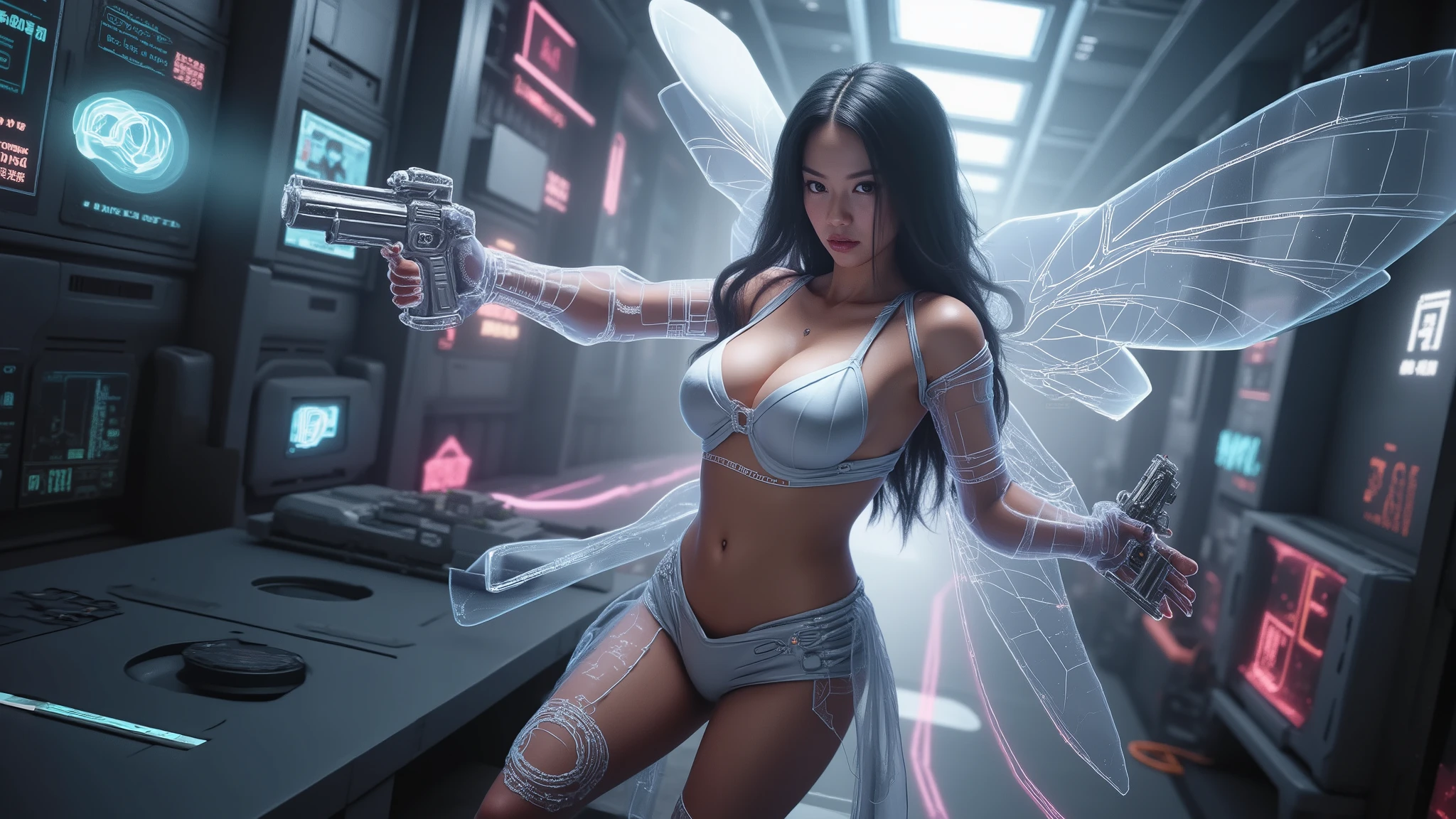 (blueprint style buildings, medium size flying 1drone). (((high angle view, overhead shot))). Translucent Chinese girl with mechanical wings in mid-ground, ((half-body thigh level medium:1.8 shot)), long hair, open legs, (((transparent:0.1 short:0.1 shift dress))), cleavage, medium-breast:1.0, (((aiming short:0.1 pistol at viewer))), Matrix style micro sunglasses, ((Three-quarter view style, she appears at the right half of the frame, positioned in the middle-right, cinematic shot, rule of thirds composition)), slim:0.3 body, ((serious look)), slim face, (((lace tiny bra and lace G-string micro panty))), (realistic, photorealistic, photo-realistic:1.37), digital art, sci-fi concept art, cyberpunk server centre with skull BOSS, (dramatic lighting, neon lights, glowing wires, cyberpunk aesthetic, futuristic), blue and purple color tones, cinematic composition.