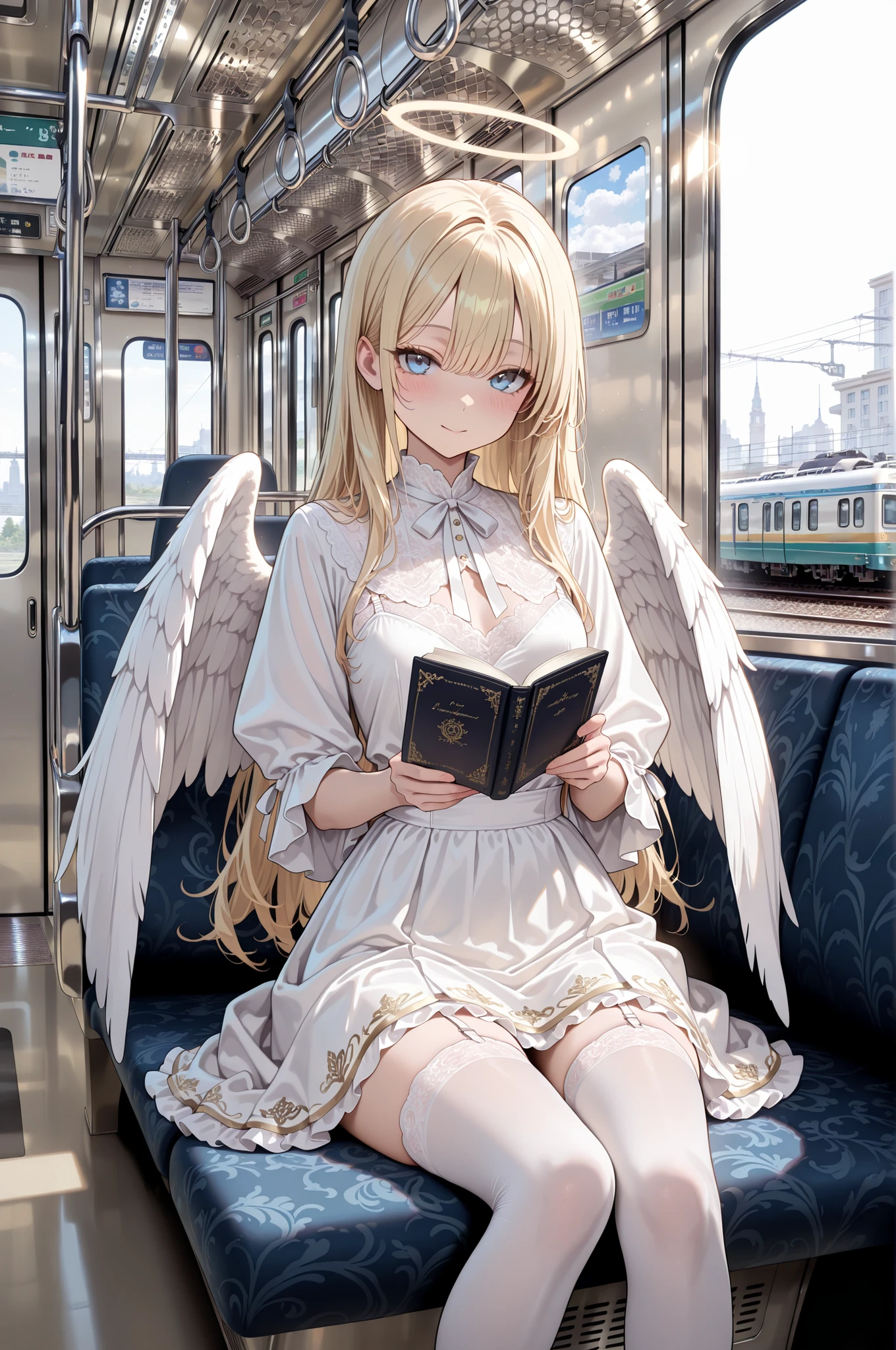 masterpiece, best quality, amazing quality, newest, very aesthetic, absurdres, (scenery:1.5), 8k, good anatomy, good shading, ultra detailed, refined details, high resolution, HD, masterwork, 1 girl, angel, white feathery wings, halo, blonde hair, long hair, blue eyes, garterbelt, white stockings, innocent expression, cute pose, inside train, train interior, passenger car, morning light through windows, other passengers blurred, train seats, handrails, subway advertisements, urban commute, soft lighting, ethereal glow, heavenly aura, modest outfit, white dress, pure, wholesome, sitting position, holding small book