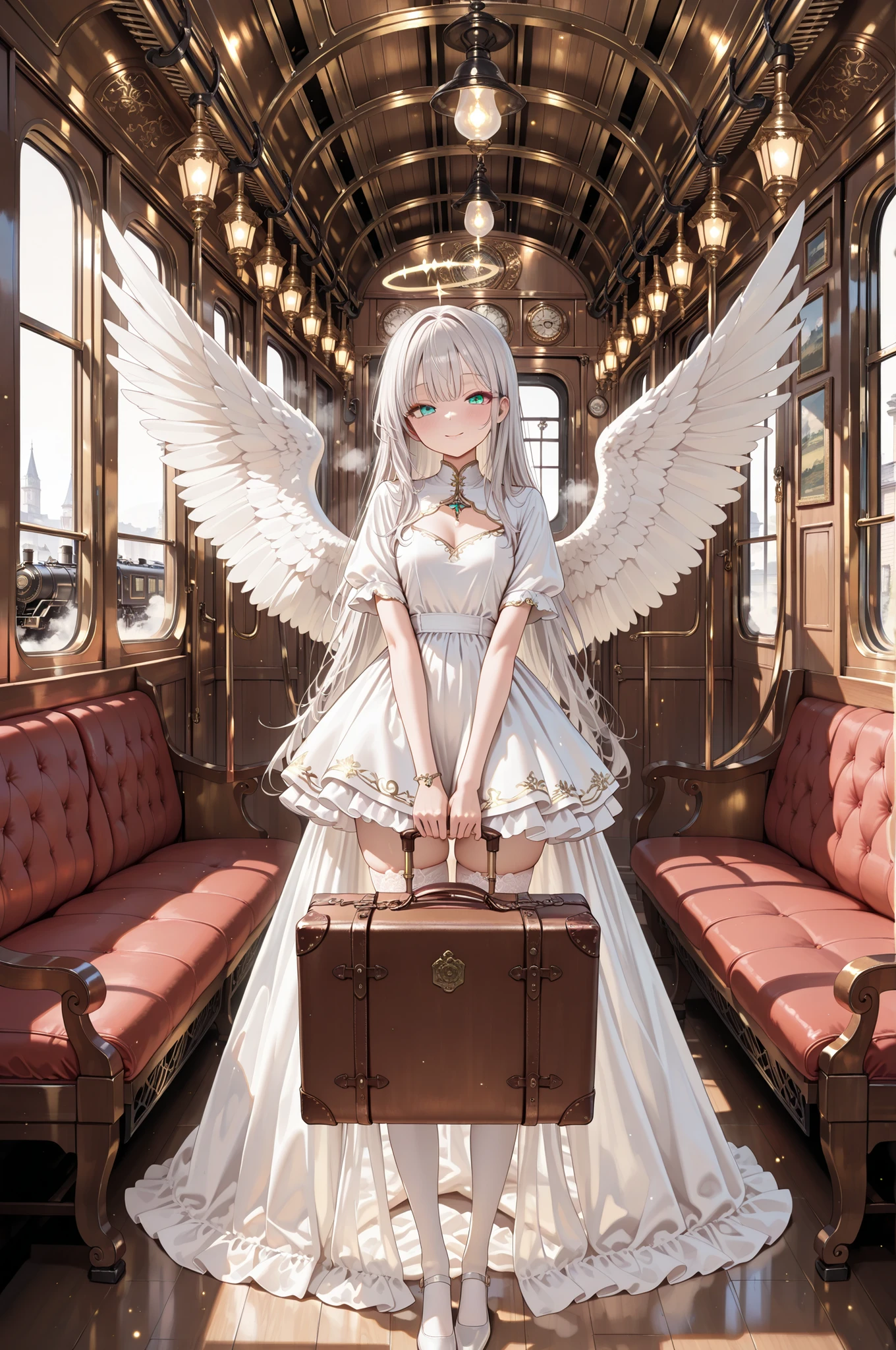 masterpiece, best quality, amazing quality, newest, very aesthetic, absurdres, (scenery:1.5), 8k, good anatomy, good shading, ultra detailed, refined details, high resolution, HD, masterwork, female angel, silver hair, teal eyes, elegant white wings, glowing golden halo, white garterbelt, thigh-high stockings, modest white dress, cute smile, standing inside vintage train, wooden paneled walls, plush seats, steam train interior, afternoon sunbeams filtering through windows, dust particles in light, antique luggage rack, old-fashioned lamps, nostalgic atmosphere, innocent appearance, delicate features, holding small suitcase, gentle expression, ethereal presence