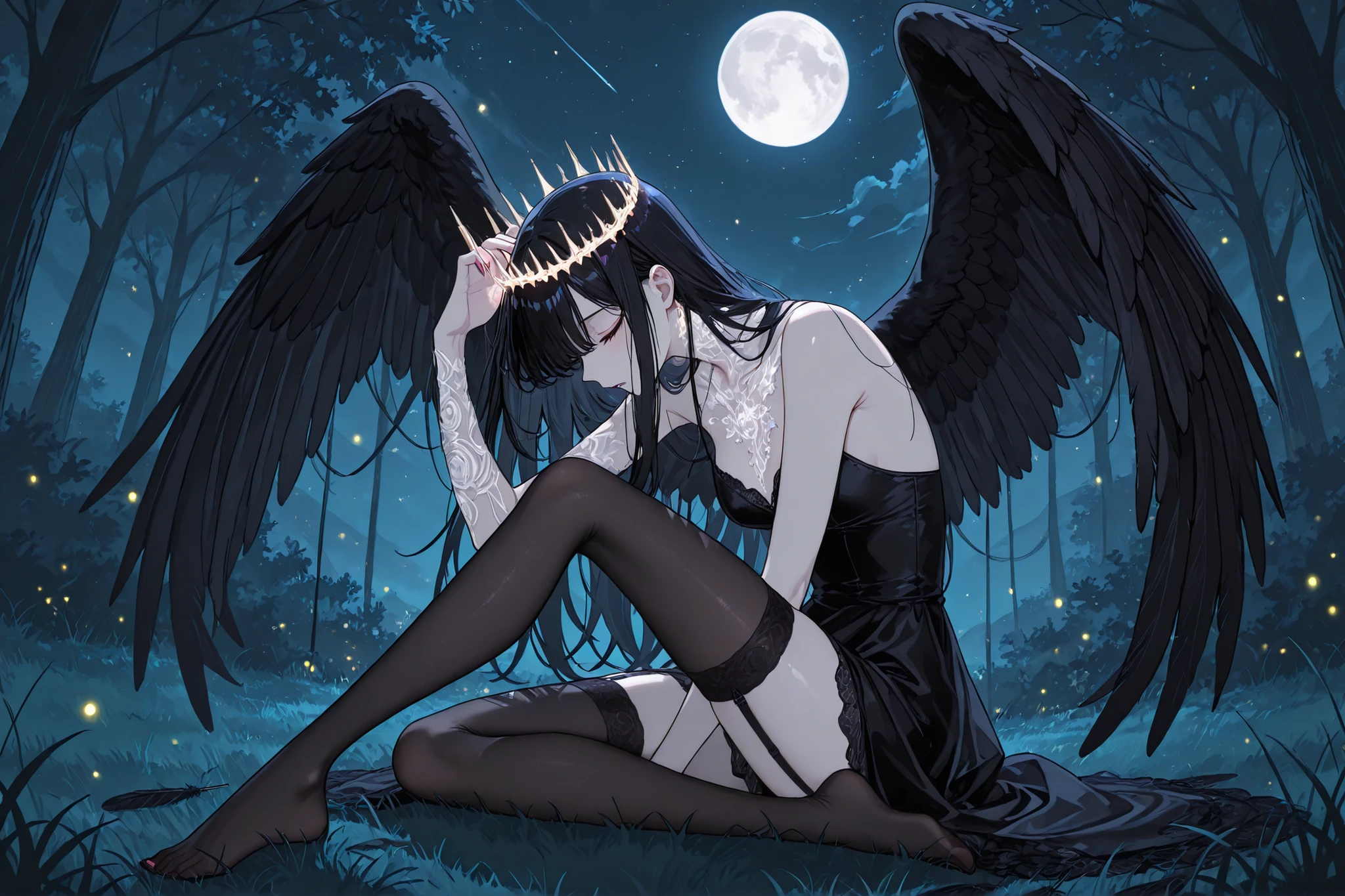 (masterpiece, best quality, ultra-detailed, Anime style, illustration, fantasy art) sight below, Outside: half-sideways, One hand between legs, she has a leg put forward (Knee-bent), 1 dark hair(black) , Wings of a Fallen Angel(black with feathers) , hair develops in the wind, closed eyes, long lashes, Glass retina, hair develops in the wind , pale skin, Glass retina, slim body, white leather, sitting on grass in the park, Night, full moon, bare feet, a crown of glowing white stones, nimbus, hanging above her head, , fragile figure, eyes closed, eyes open lips, pink nail polish , toes, shine, best quality, she wears only lightweight silk, almost transparent black fabric (plain black, almost transparent silk, black lace ), black almost transparent stockings (garter stockings), clavicles bare shoulders bare, Glass retina, fireflies and magic lights, , sight below, sight below, without clothes, is shy, profile, focus on the eyes, Retinal details, narrow black oblong pupils, darkness reigns around, white feathers, lots of черные перья, black feathers fall from above, rays shine from above, Outside