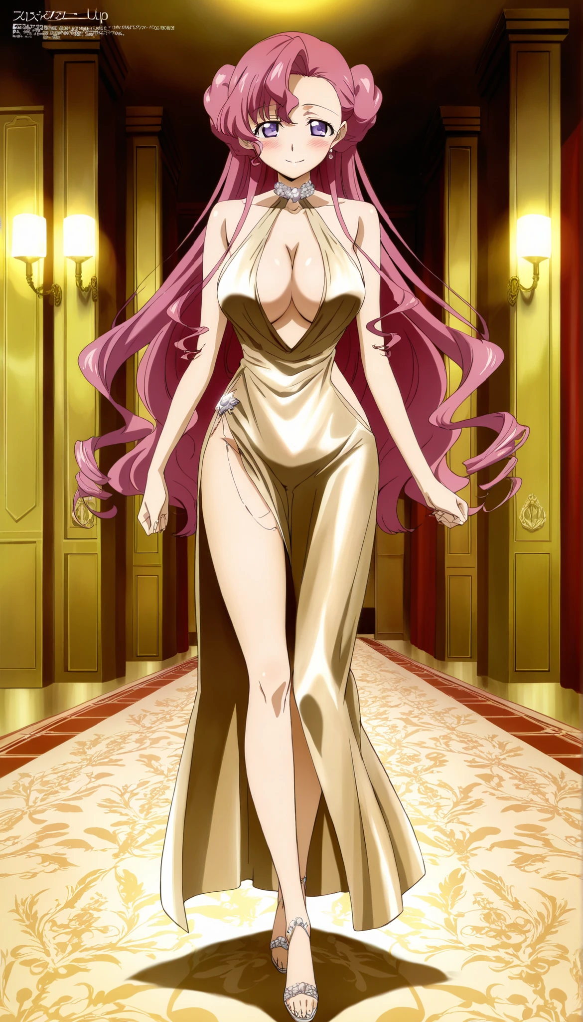 score_9, score_8_up, score_7_up,anime_screenshot,OFFICIAL ART,anime coloring, Balanced upper and lower body structure,masterpiece, Highest Quality, Amazing Quality, uncensored,megami magazine,nsfw,BREAK,1girle,solo, euphemia li britannia, BREAK,pink hair, long hair, purple eyes, double bun, large breasts, cleavage, BREAK,(((luxurious see-though slender dress, halter-neck dress,open chest dress,cleavage,back open,butt crack,deep side slit))),BREAK,walking, BREAK,blush,seductive smile,(aroused:1.5),in heat,BREAK,looking at viewer,(front view:1.5),full body,background dance room,luxury room