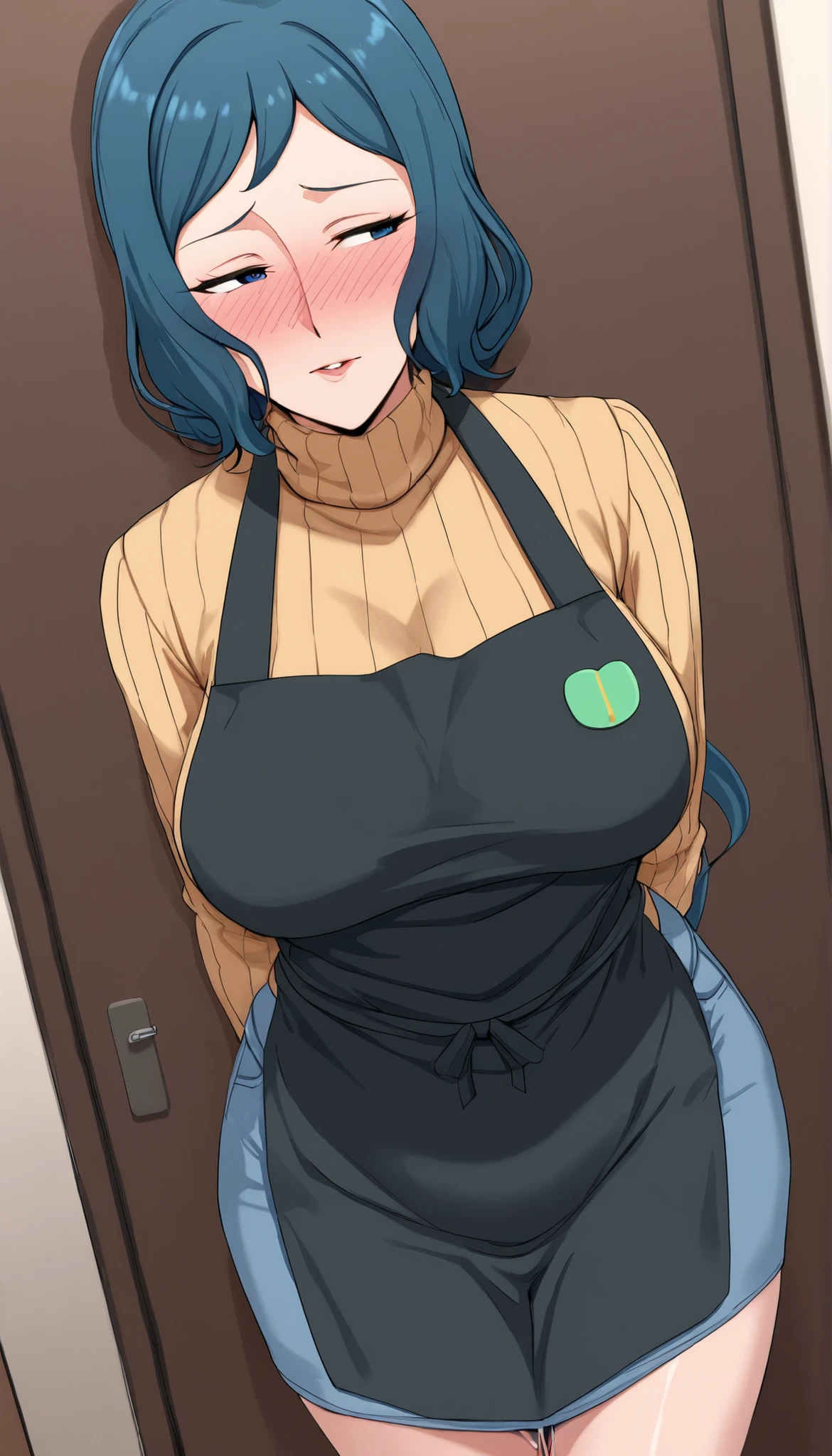 score_9, score_8_up, score_7_up, score_6_up, score_5_up, score_4_up,  Iori Rinko, married woman, mature woman, solo, blue hair, long hair, blue eyes, half-open eyes, makeup, mature woman, Bangs Patten, long hair, slender sexy body, medium breasts, curved body, shy,  shy face,  parted lips, Nose blush, blush, is facing viewers, look away,  tilts one's neck,  stare away, yellow turtleneck sweater, aprons, denim skirt, miniskirt, Hotels, open the door,  standing, pussy juice.  Dutch angle. 