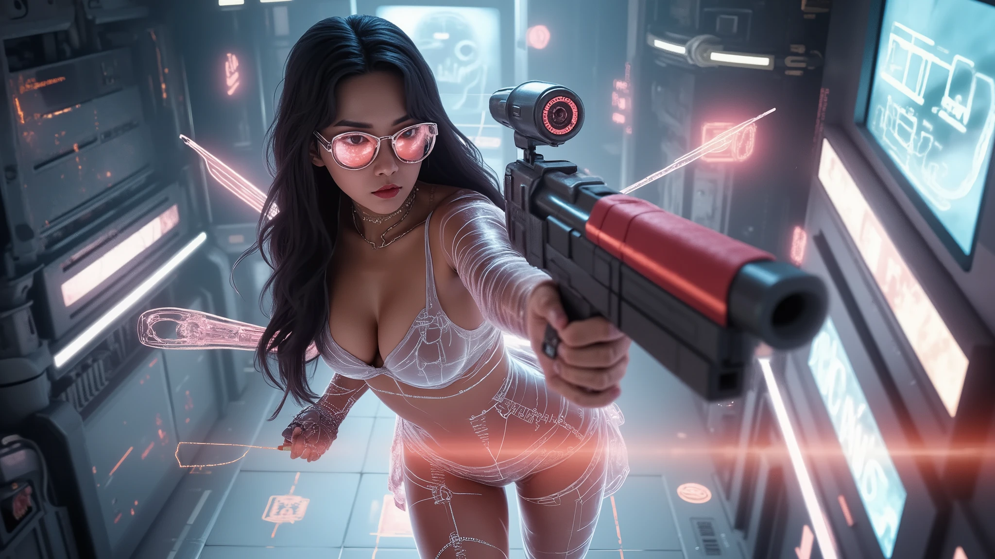 (blueprint style buildings, medium size flying 1drone). (((high angle view, overhead shot))). Translucent Chinese girl with mechanical wings in mid-ground, ((half-body thigh level medium:1.8 shot)), long hair, open legs, (((transparent:0.1 short:0.1 shift dress))), cleavage, medium-breast:1.0, (((aiming short:0.1 pistol at viewer))), Matrix style micro sunglasses, ((Three-quarter view style, she appears at the right half of the frame, positioned in the middle-right, cinematic shot, rule of thirds composition)), slim:0.3 body, ((serious look)), slim face, (((lace tiny bra and lace G-string micro panty))), (realistic, photorealistic, photo-realistic:1.37), digital art, sci-fi concept art, cyberpunk server centre with skull BOSS, (dramatic lighting, neon lights, glowing wires, cyberpunk aesthetic, futuristic), blue and purple color tones, cinematic composition.
