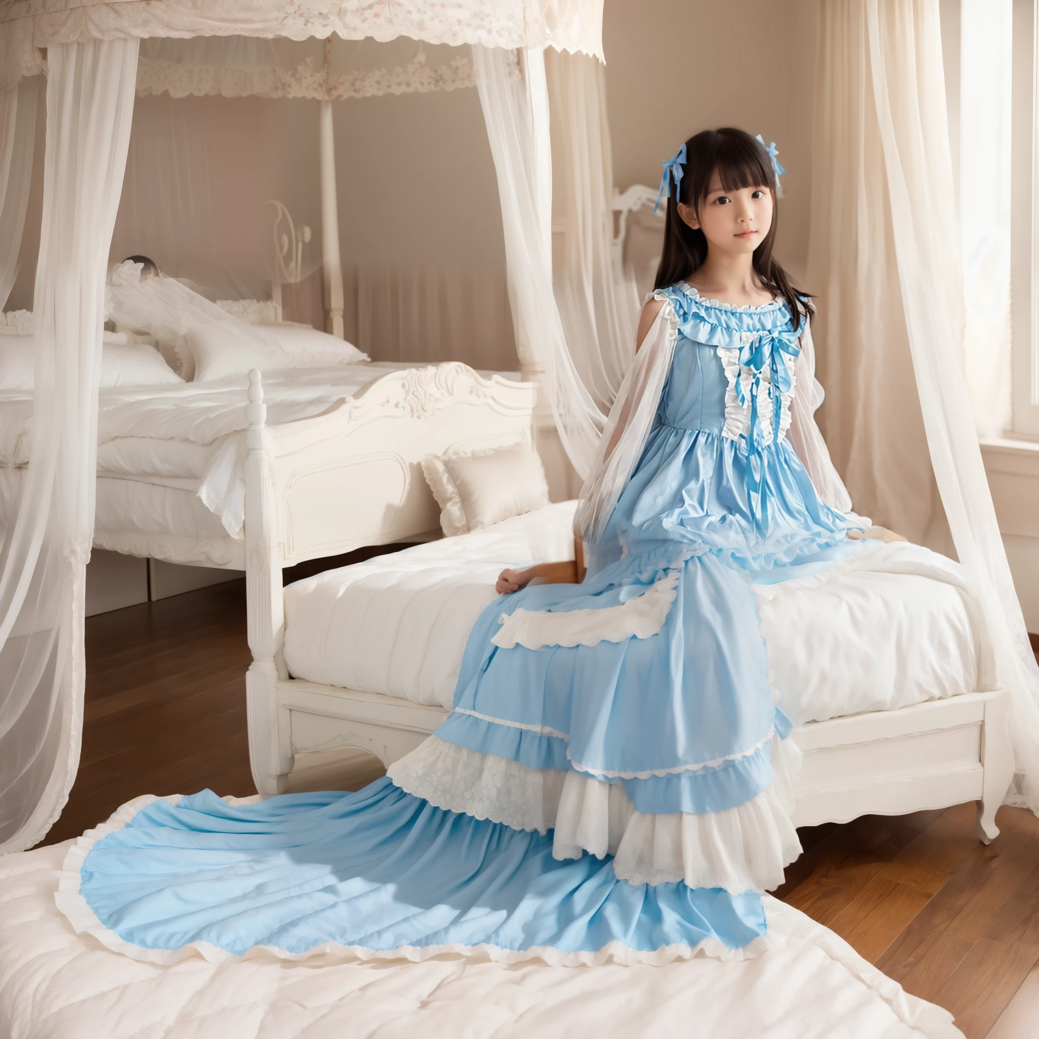 japanese little girl,frilled dress,canopy bed,on the bed,model photo shoot,