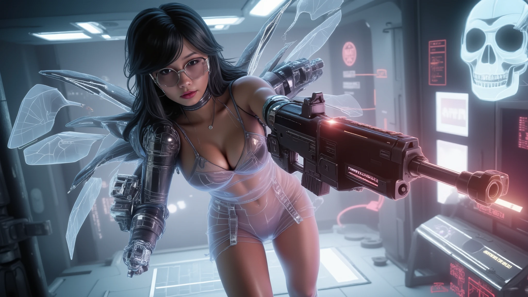 (blueprint style buildings, medium size flying 1drone). (((high angle view, overhead shot))). Translucent Chinese girl with mechanical wings in mid-ground, ((half-body thigh level medium:1.8 shot)), long hair, open legs, (((transparent:0.1 short:0.1 shift dress))), cleavage, medium-breast:1.0, (((aiming short:0.1 pistol at viewer))), Matrix style micro sunglasses, ((Three-quarter view style, she appears at the right half of the frame, positioned in the middle-right, cinematic shot, rule of thirds composition)), slim:0.3 body, ((serious look)), slim face, (((lace tiny bra and lace G-string micro panty))), (realistic, photorealistic, photo-realistic:1.37), digital art, sci-fi concept art, cyberpunk server centre with skull BOSS, (dramatic lighting, neon lights, glowing wires, cyberpunk aesthetic, futuristic), blue and purple color tones, cinematic composition.