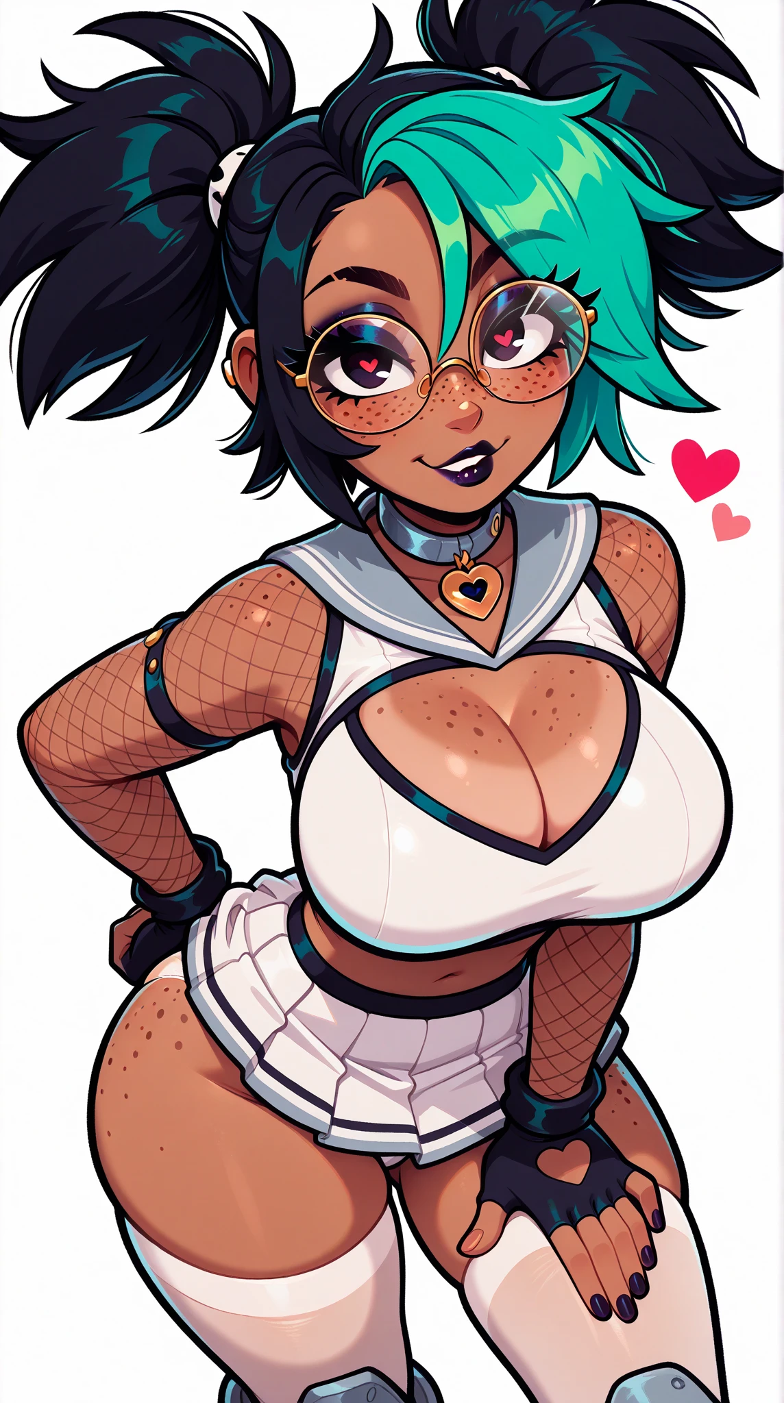 1girl, portrait, purple eyes, unique hairstyle, happy pose, cleavage, taped nipples, upper body, hearts, gradient background, choker, striped arm warmers, fuzzy arm warmers