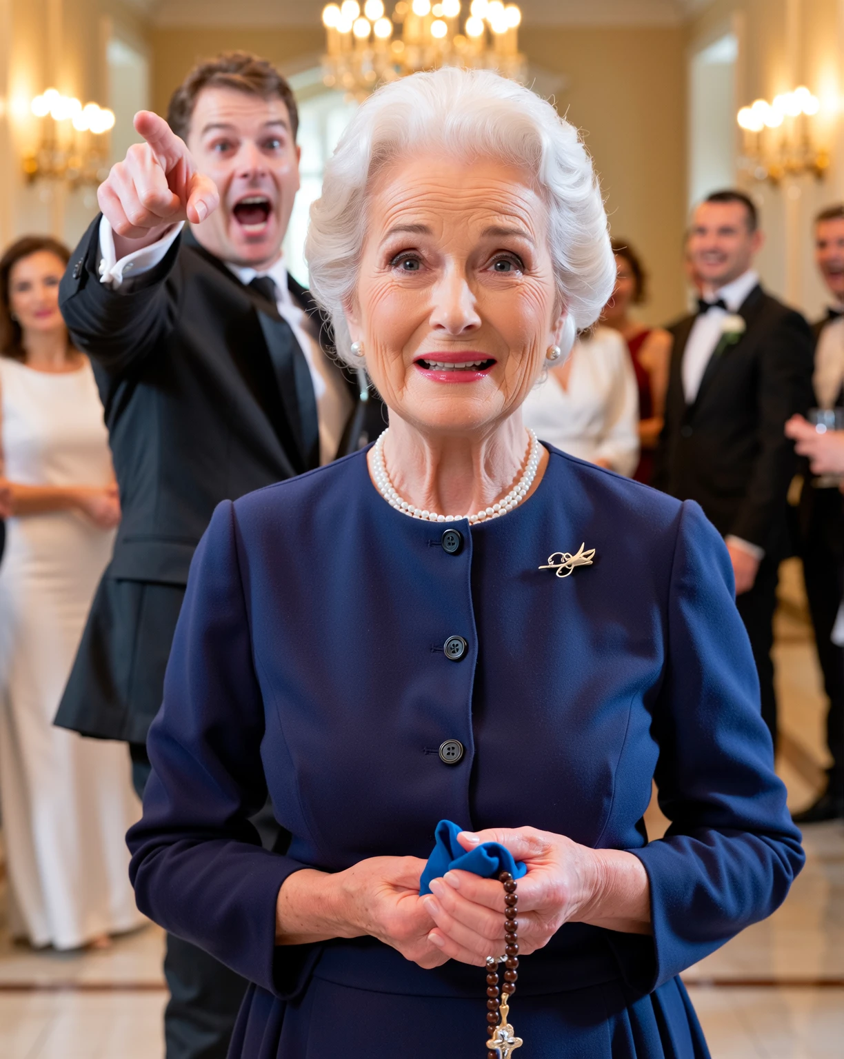 ((head grab)), (((look at viewer))), ( :1.5), (:1.6), queen elizabeth 90yo kissing a , cleavage, (gigantic saggy breast:1.3), (white chiffon shirt:1.5), (black skirt:1.3), (pearls)