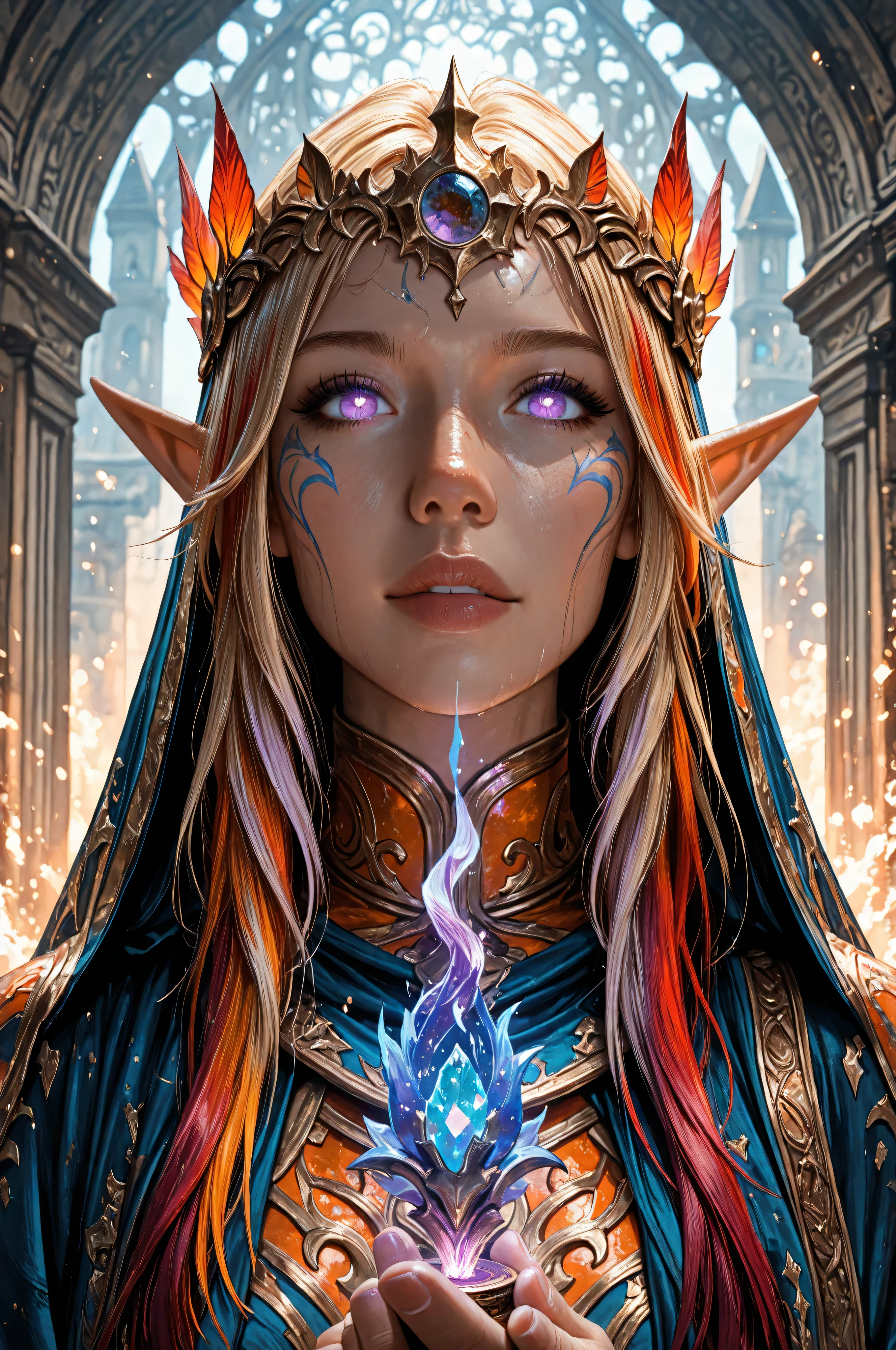 aidmaMJ6.1, a close up portrait of a female elf (intense details, Masterpiece, best quality) fantasy cleric, fantasy celestial guardian, armed with a holy symbol, shinning holy symbol, metallic shine, epic beautiful femlae elf, blond hair with red highlights , rich hair, purple glowing eyes, action shot, colorful magical sigils in the air, colorful divine markings floating, holding a holy symbol (intricate details, Masterpiece, best quality), fantasy magical urban street  in elven city (intense details, Masterpiece, best quality), multi colored cloak cloak, long cloak, orange armor, sense of daring, sense of adventure, high details, best quality, 16k, [ultra detailed], masterpiece, best quality, (extremely detailed), dynamic angle, ultra wide shot, photorealistic, RAW, fantasy art, dnd art,fantasy art, realistic art